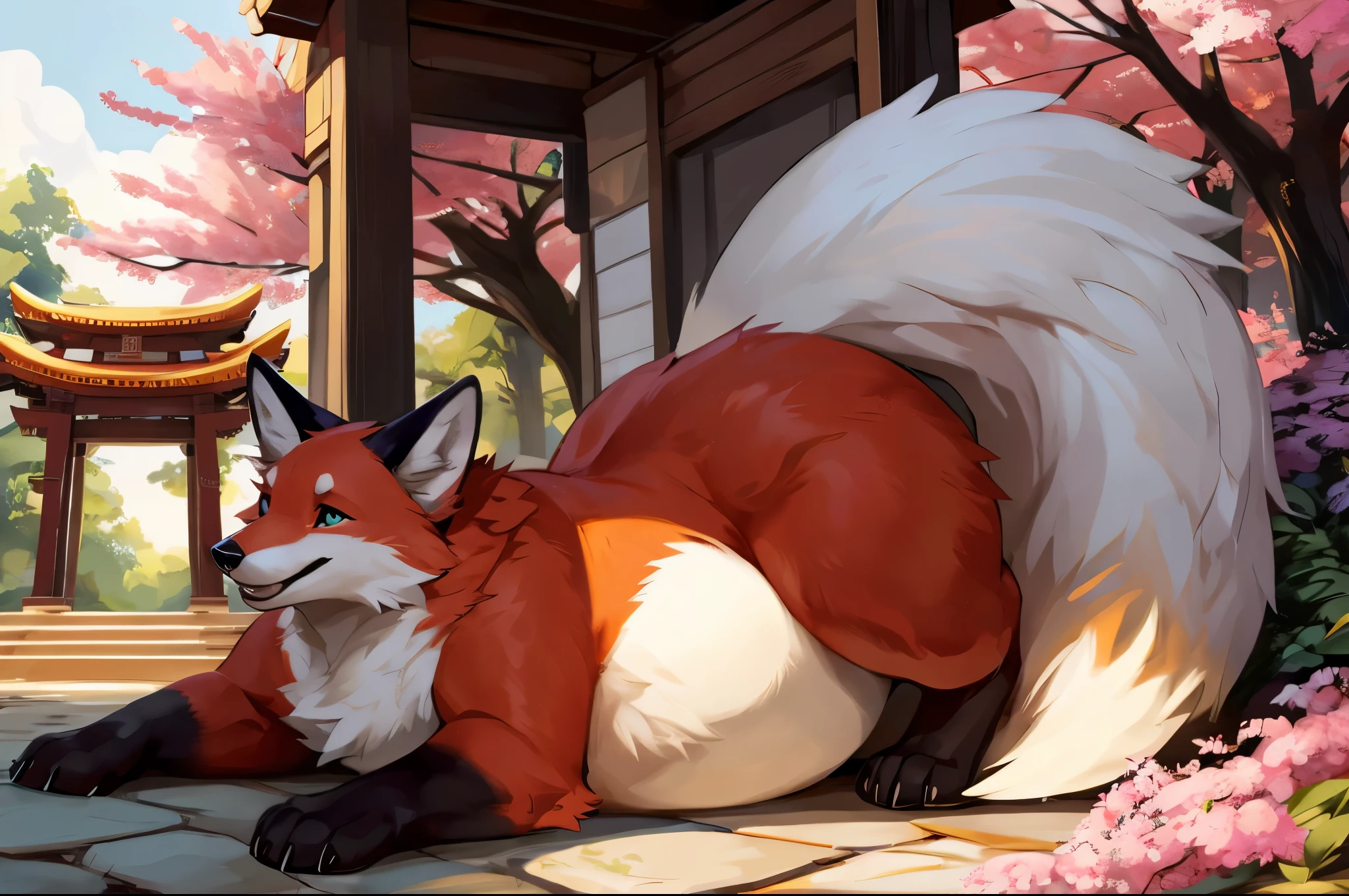 4k ultra quality, 4k full body view,(ultra high detailed body),((feral)) fox,by mystikfox61, by glitter trap boy,feral paws, by bebebebebe,by morethreedee, by seibear,(thick thigh),(chubby thigh),thicc thigh,thick legs,chubby legs,thicc legs,massive butt,enomorous thigh,massive thigh,massive legs,thick lower legs,wide legs,(detailed thigh),(wide thigh),fluffy belly sharp nails,((sfw)),(ultra detailed face),detailed eyes,big tail,fluffy tail,(detailed tail),enomorous tail,bigger tail,huge tail,volumetric light,big paws,(thick paws),fluffy paws,furry paws,enomorous paws,(feral focus), beast,(bigger lower body),(long legs),front view,master works, super fine, 4k resolution, high quality,high picture detail,dark fantasy,illusory engine, Masterpiece,dire fox,faint lighting,shrine,sakura,(feral) belly,charming (feral) body,chubby (feral) body,enomorous belly,hyper belly,shiny fur,ultra huge fox