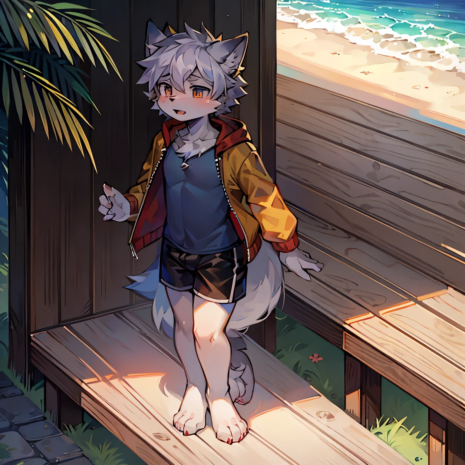 (Bright Environment: 0.8), Masterpiece, High Quality, Abstract Res, Digital Painting\(Artwork\), by Dagasi, Yupa, Kiyosan, (Anthro, Fluffy Fur, Character Focus: 1.1), Anthro Male Cat, Short Hair, Portrait , bright eyes, panorama, character focus. (Background: 0.7), Solo, Furry, Furry Male, Male Focus, Anthr, (Full body fur, Fluffy white tail, White yellow black fur, Blue eyes, Black hair, Abs, : 1.2), (Small feline, blue shorts, black T-shirt: 1.2), (Exterior, Beach: 1.1)