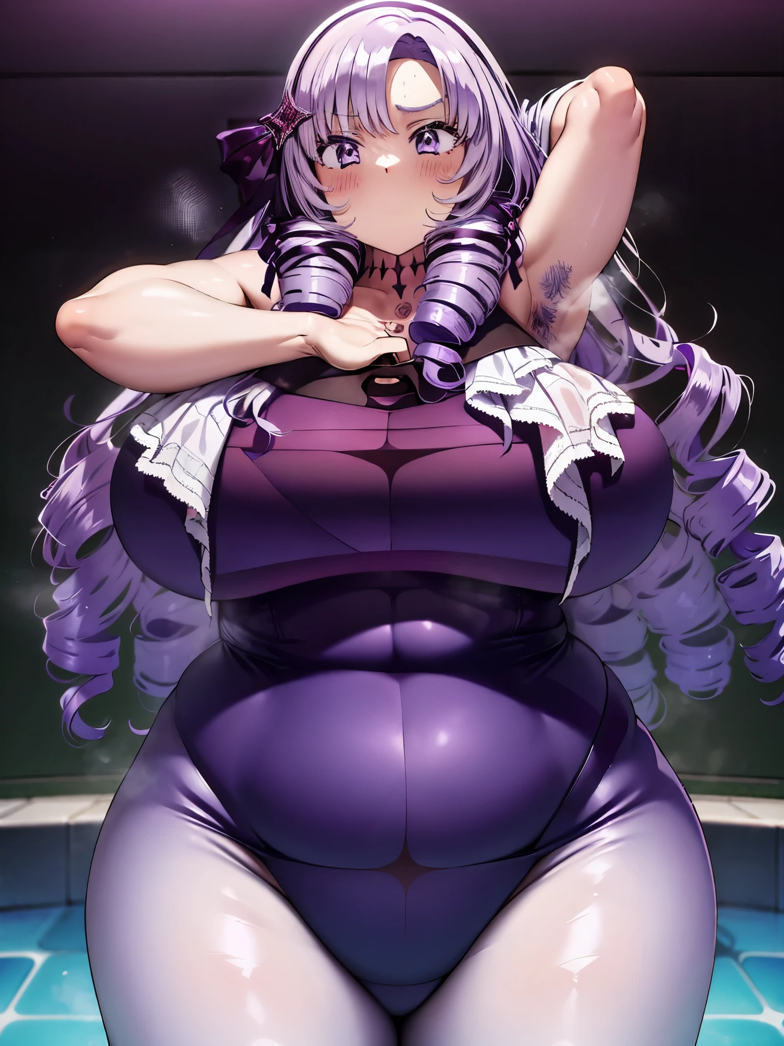 A girl wearing a one-piece swimsuit, Curvaceous loot, Purple Hair,Purple Eyes,Muscular!!,Blushed,steam,Sweat,Steam coming from the body,BIG Boned,Large swollen areola visible through clothes,Show your armpits,sleeveless,Spread your legs,In the pool,Bend down