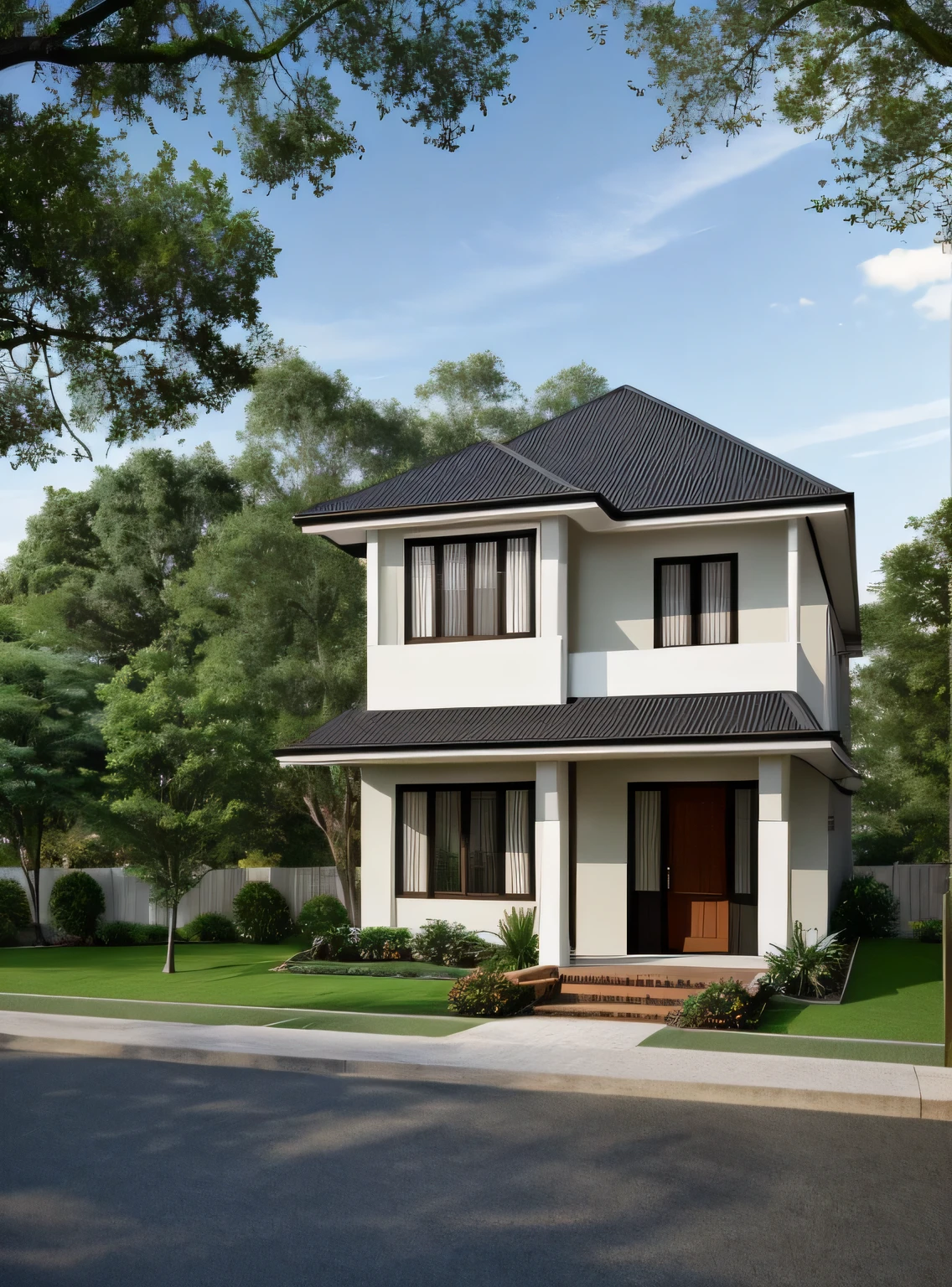 Exterior of house, mable decorations, (canopy in front of house:1.4), (a road in front of house:1.2), tree, sky, cloud, morning weather.