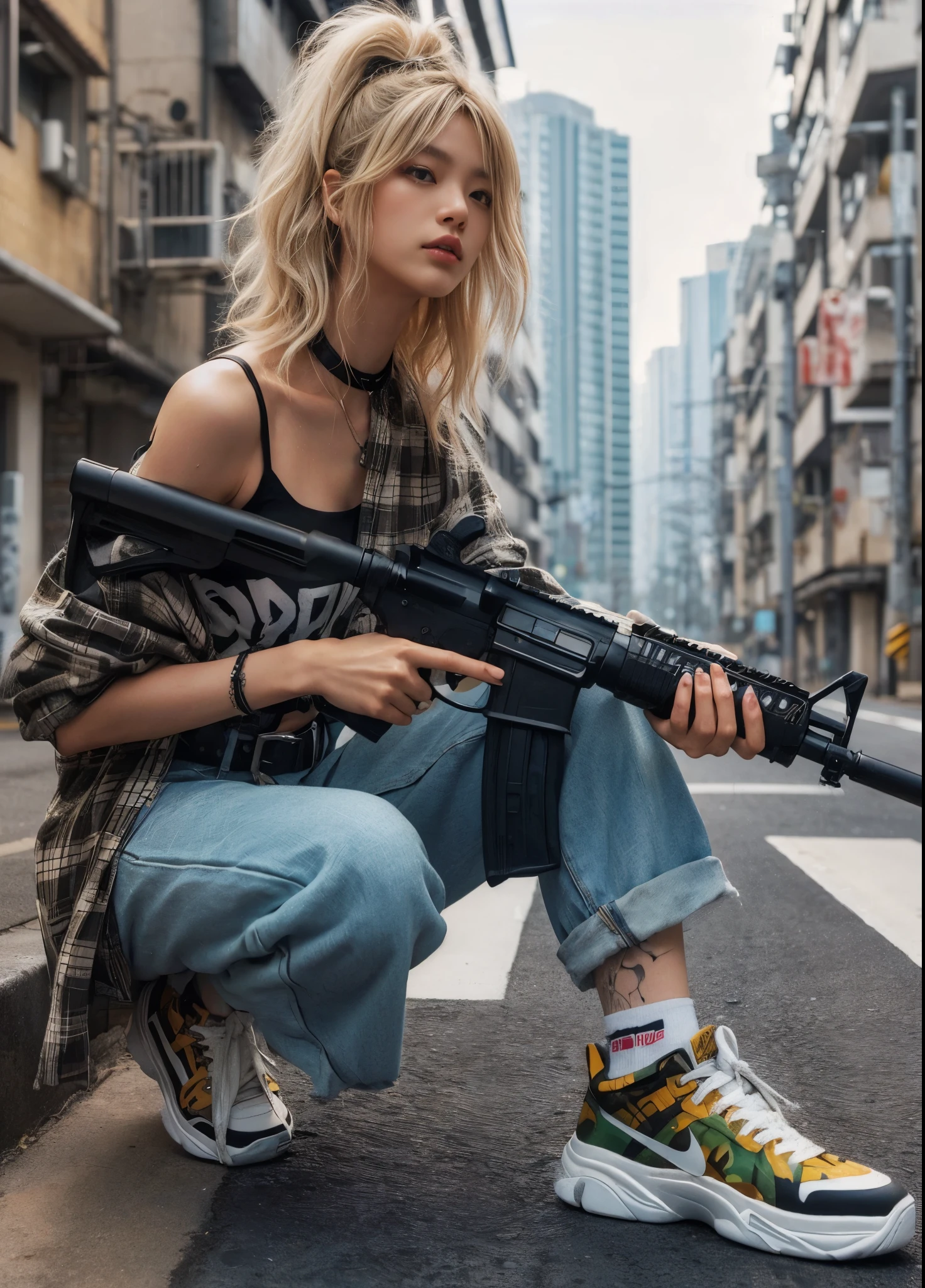 8K, realistic photo, realistic skin texture, Beautiful Japanese female vigilante living in America、A little bit into the future、2050、Blonde punkish hair、rocktshirt、MP5A has a submachine gun、A street lined with old apartments、sneakers、Dynamic pose、Tattoo、Innovative composition、