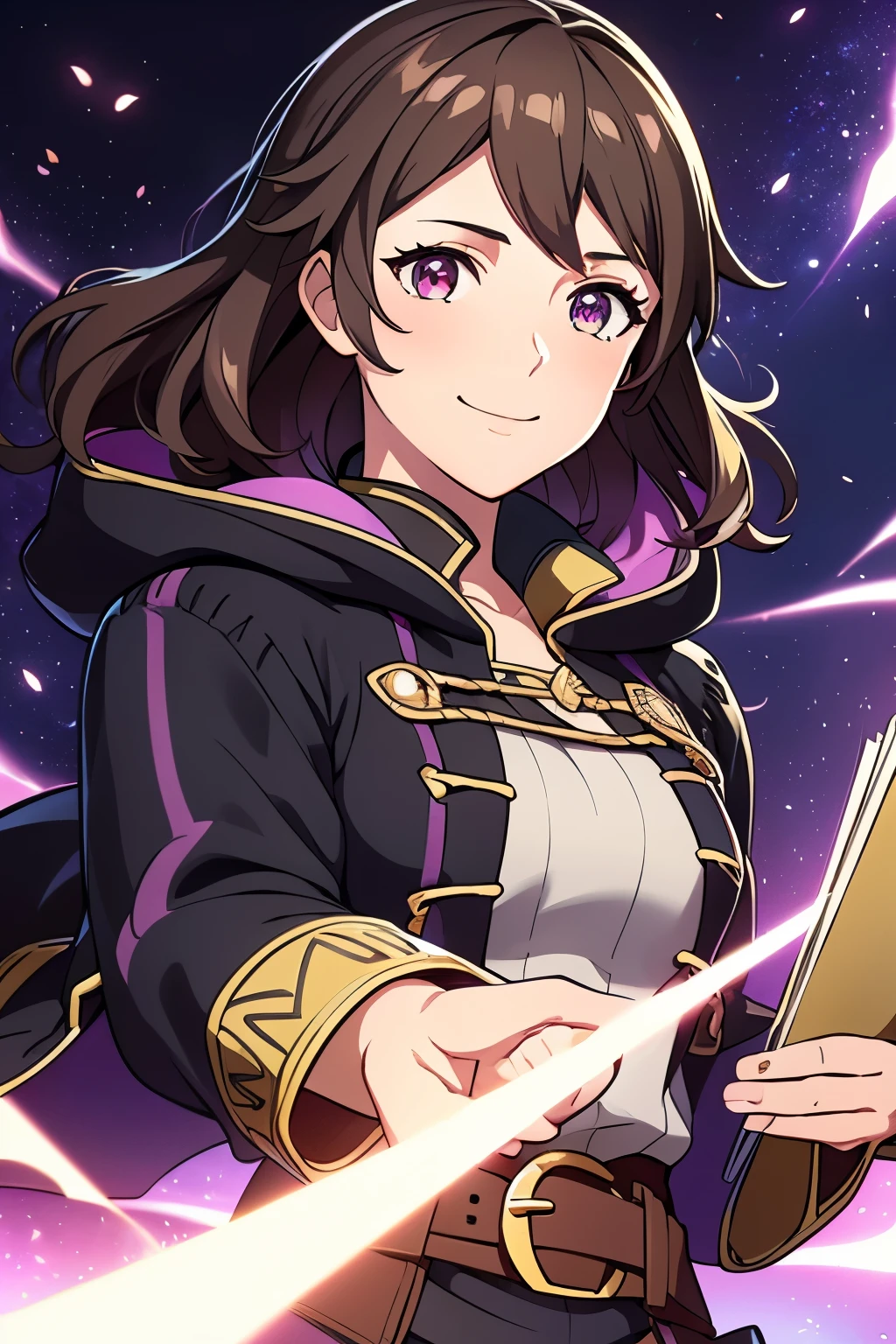 https://youtube.com/shorts/TpGPoPWFedM?si=rbDKwApG(high-quality, breathtaking),(expressive eyes, perfect face) 1girl, female, solo, portrait, Fire Emblem Awakening, Symmetrical Eyes, black background, Robin (Fire Emblem: Awakening), dark Brown hair color, short hair length, messy wavy hair, hair ornament, upper body, pink eyes, Black and purple robe, gold trim, hood, black shirt, brown belt, tomb, positive expression, cute smile, detailed eyes, adorable face, short height, holding book, female robin (fire emblem), dark brown hair, fireflies background, soft lights,
