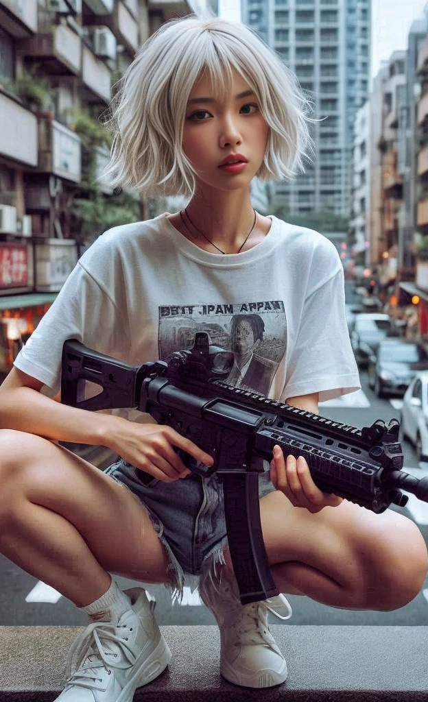 8K, realistic photo, realistic skin texture, Beautiful Japanese female vigilante living in America、A little bit into the future、2050、Blonde punkish hair、rockｔshirt、MP５A has a submachine gun、A street lined with old apartments、sneakers、Dynamic pose、Tattoo、Innovative composition、