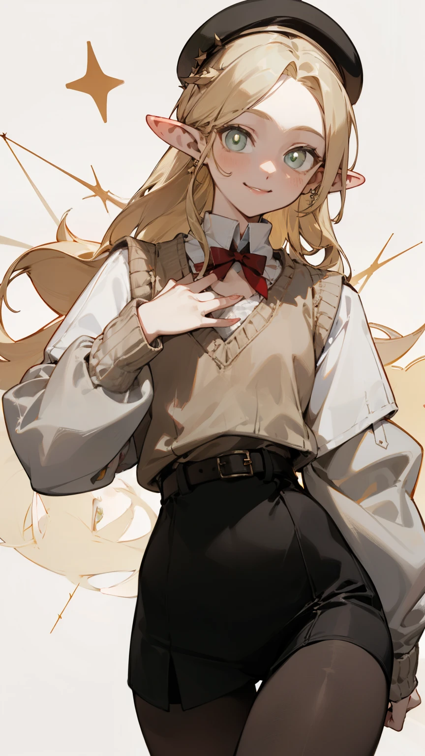 One was wearing a black tights,Sweater with hole at chest、Blonde girl wearing hat and silver accessories ,Straight Killer Sweater,elegant, Pointed ears ,Waist-length hair,Smile,Star decoration,White lace socks,thorns,Rose,Vest line