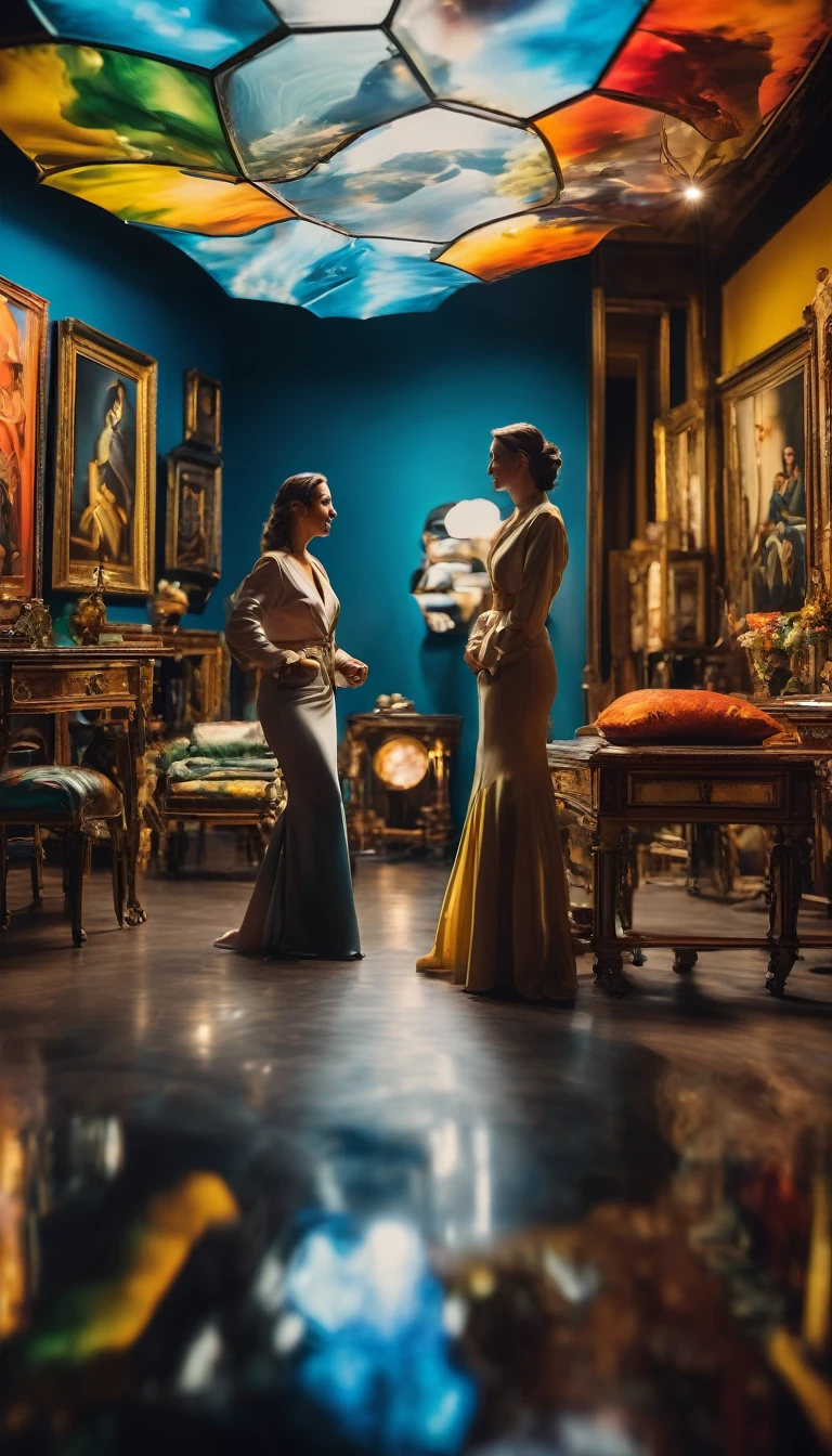 Friends mesmerized by Dali's unconventional methods, background cinematic, hyper realistic, ultra detailed hyper realistic, photorealistic, Studio Lighting, reflections, dynamic pose, Cinematic, historical accuracy, Color Grading, Photography, Shot on 50mm lens, Ultra-Wide Angle, Depth of Field, hyper-detailed, beautifully color, 8k