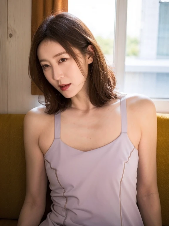 Mature and elegant Japanese woman, 55 year old mature woman, Fine lines, Lady, Detailed face, Beautiful Lips, Detailed face, Long eyelashes, Chubby body type, See through, Tank top, slip, ((whole body)), sexy, glamorous, ((Low Ponytail)), Pearl Necklace, Red lipstick, Sensual, charm, Sit on the sofa, ((Spread your legs)), erotic, Get wet