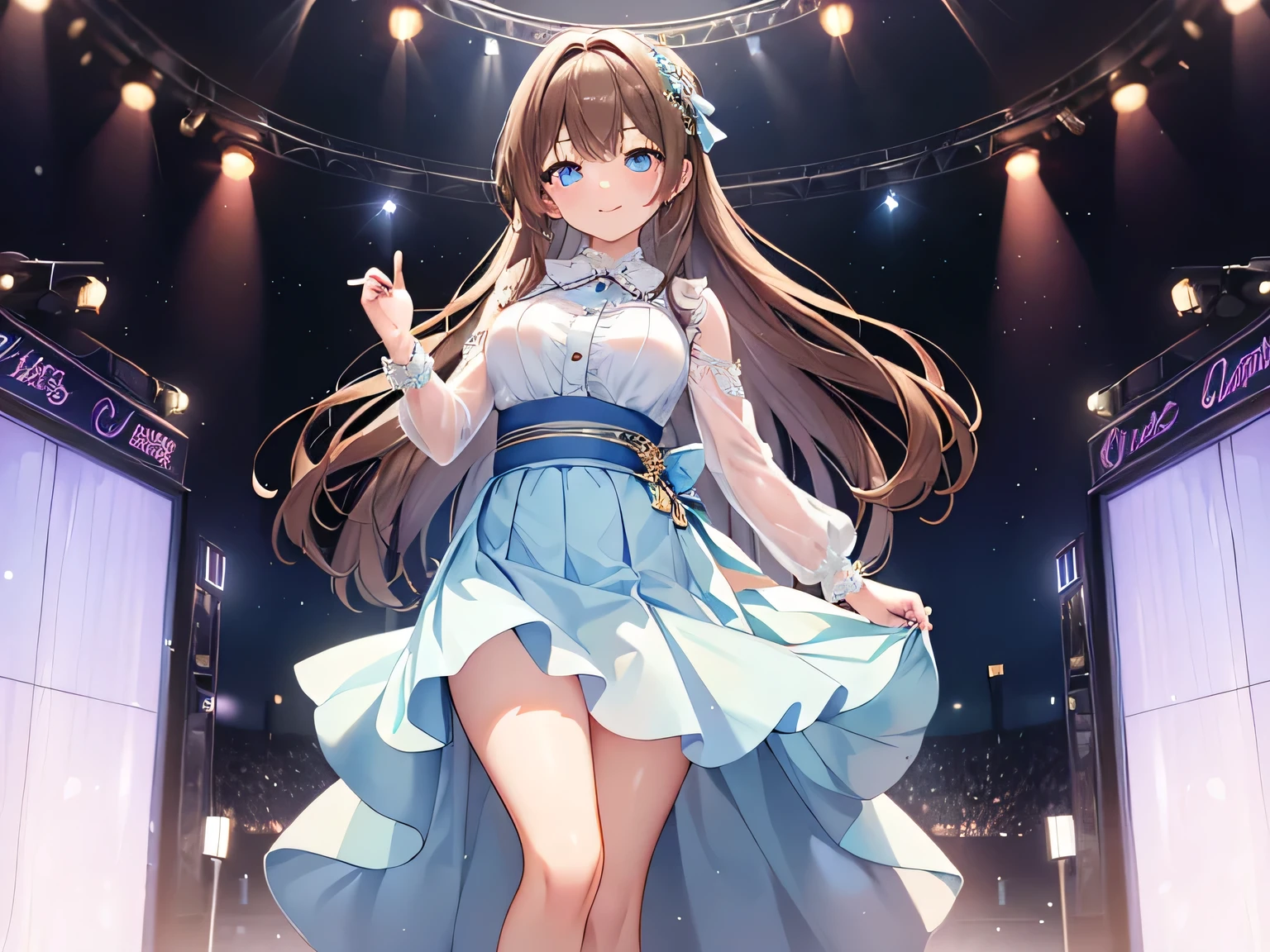 (Masterpiece, highest quality, high resolution, realistic photos, realistic looking skin:1.1),
(The woman is an idol and is performing for us: 1.8),
(standing up: 1.5),
(fresh smiling face:1.5),
(She is wearing a gorgeous and pretty long skirt based on light blue color:1.8),
(She has long brown hair:1.5),
(Location is backstage before competing in a live show:1.5),
1 Japanese girl, solo, full bodied esbian, beautiful eyes, glowing eyes, glowing thighs, NSFW