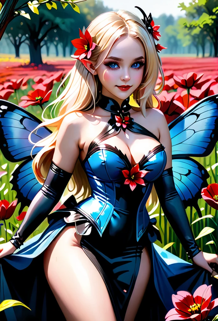 high details, best quality, 16k, RAW, [best detailed], masterpiece, best quality, (extremely detailed), full body, ultra wide shot, photorealistic, dark fantasy art, goth art, RPG art, D&D art, a picture of a dark female fairy resting in a flower meadow, extremely beautiful fairy, ultra feminine (intense details, Masterpiece, best quality), best detailed face (intense details, Masterpiece, best quality), having wide butterfly wings, spread butterfly wings (intense details, Masterpiece, best quality: 1.3), (blue: 1.5)  colors wings (intense details, Masterpiece, best quality), (blond) hair, long hair, shinning hair, flowing hair, shy smile, innocent smile, (red: 1.3) eyes, dark blue lips, wearing [azure] dress latex corset (intense details, Masterpiece, best quality), dynamic elegant shirt, chocker, wearing (blue: 1.3) high heels, in various shades of red colored flower meadow (intense details, Masterpiece, best quality), (red flowers: 1.2) , (black flowers: 1.2), (white flowers: 1.2), (blue flowers: 1.3) [extreme many flowers] (intense details, Masterpiece, best quality), dark colorful flowers (intense details, Masterpiece, best quality), flower meadow in a dark goth field background, dim light, cinematic light, High Detail, Ultra High Quality, High Resolution, 16K Resolution, Ultra HD Pictures, 3D rendering Ultra Realistic, Clear Details, Realistic Detail, Ultra High Definition, #chinese cloth, dungeons and dragons, DonMDr4g0nXL