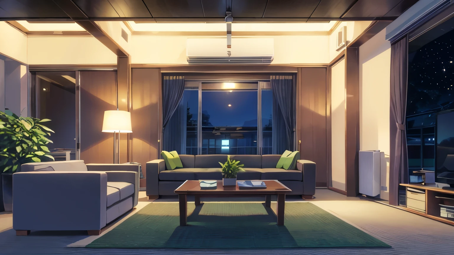 night、moonlight、Stylish room、nightの街が見える窓、Foliage plant、Room lighting、sofa、shinkai makoto style