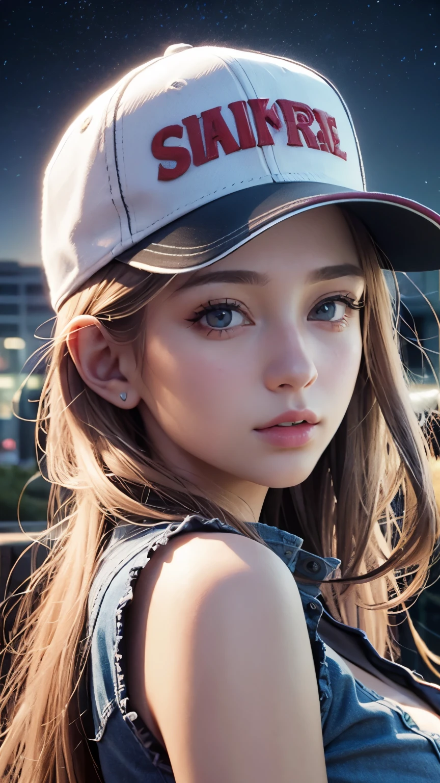 One girl, Terry Bogard Girl, Blonde, ponytail, blue eyes, Baseball cap, Eyes focus, Beautiful park background (8k), (highest quality), (masterpiece:1.2), (Realistic), (Very detailed), (Fine grain:1.2), (Detailed face:1.2), (realism:1.2), (super high quality), (Complex), (85mm), Particles of light, Lighting, (Very detailed:1.2), (Gradation), Colorful, SFW, Dawn, alone