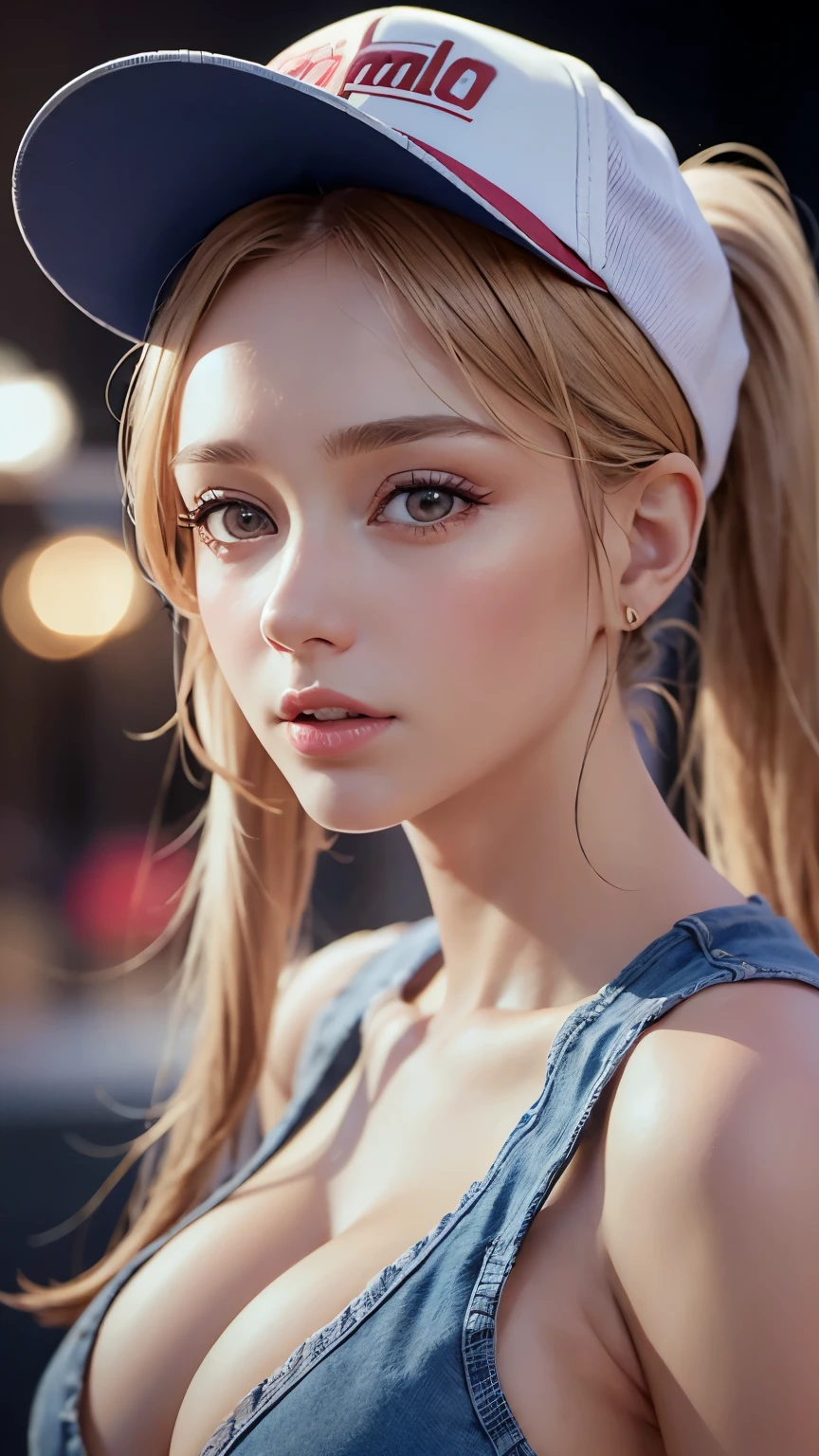 One girl, Terry Bogard Girl, Blonde, ponytail, blue eyes, Baseball cap, Eyes focus, Beautiful park background (8k), (highest quality), (masterpiece:1.2), (Realistic), (Very detailed), (Fine grain:1.2), (Detailed face:1.2), (realism:1.2), (super high quality), (Complex), (85mm), Particles of light, Lighting, (Very detailed:1.2), (Gradation), Colorful, SFW, Dawn, alone