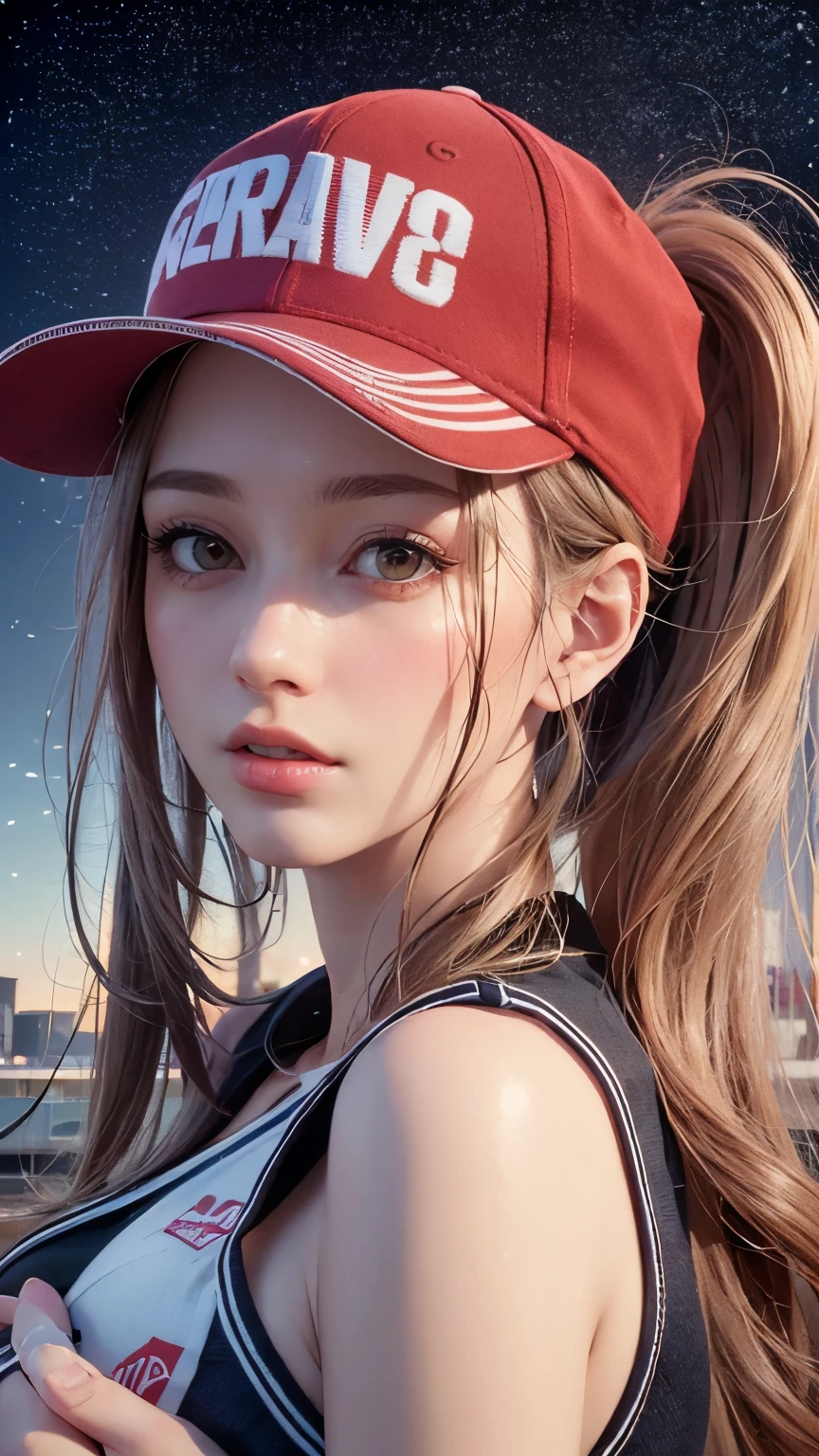 One girl, Terry Bogard Girl, Blonde, ponytail, blue eyes, Baseball cap, Eyes focus, Beautiful park background (8k), (highest quality), (masterpiece:1.2), (Realistic), (Very detailed), (Fine grain:1.2), (Detailed face:1.2), (realism:1.2), (super high quality), (Complex), (85mm), Particles of light, Lighting, (Very detailed:1.2), (Gradation), Colorful, SFW, Dawn, alone