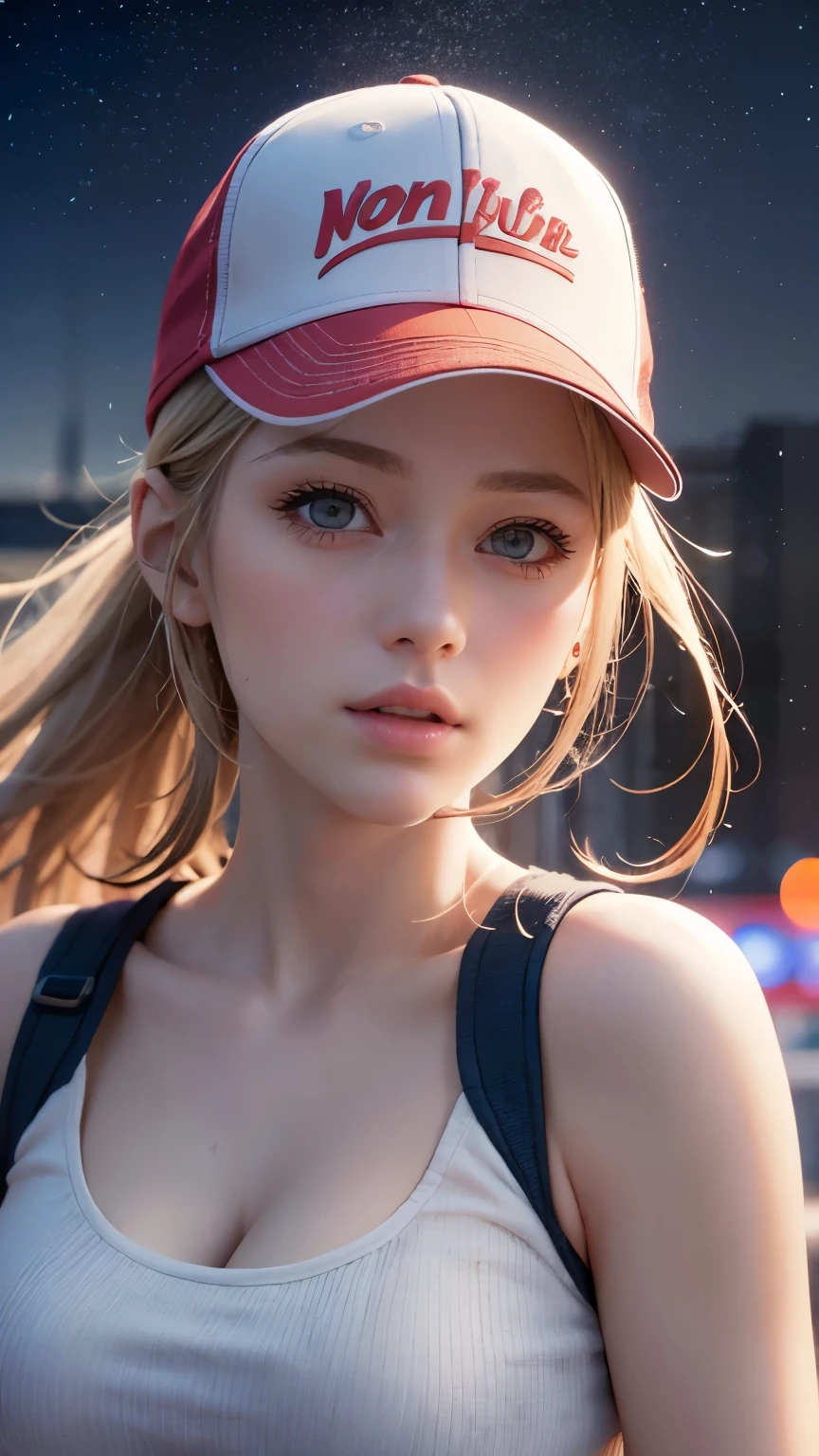 One girl, Terry Bogard Girl, Blonde, ponytail, blue eyes, Baseball cap, Eyes focus, Beautiful park background (8k), (highest quality), (masterpiece:1.2), (Realistic), (Very detailed), (Fine grain:1.2), (Detailed face:1.2), (realism:1.2), (super high quality), (Complex), (85mm), Particles of light, Lighting, (Very detailed:1.2), (Gradation), Colorful, SFW, Dawn, alone