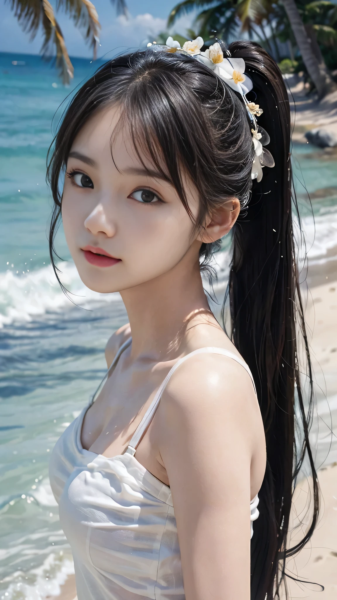 Beach,resort,white bikini,Close up face,One woman,masutepiece, The highest image quality, High quality, the background is clear,Beautiful woman, Japanese, Detailed, Detailed eyes, Detailed skin, Beautiful skin, 超hight resolution, (reality: 1.4),Very beautiful woman, Slightly younger face, Beautiful skin, slender, (Ultra photo realsisim), (hight resolution), (8K), (Very detailed) (beautifully detailed eyes), (super detailed), (Detailed face), view the viewer, Fine details, Detailed face, Staring straight ahead, Staring straight ahead, photos realistic, Bright lighting, Professional Lighting, Black hair,poneyTail,a baby face,fifteen years old,Hairstyle: ponytail,Long ponytail hairstyle,slight smile,neat and tidy clothing,Beautiful Japanese KPOP idol photo, hair style is ponytail, my eyes are double and wide, baby face, smile and look straight ahead, slender, small breasts,Close up face,