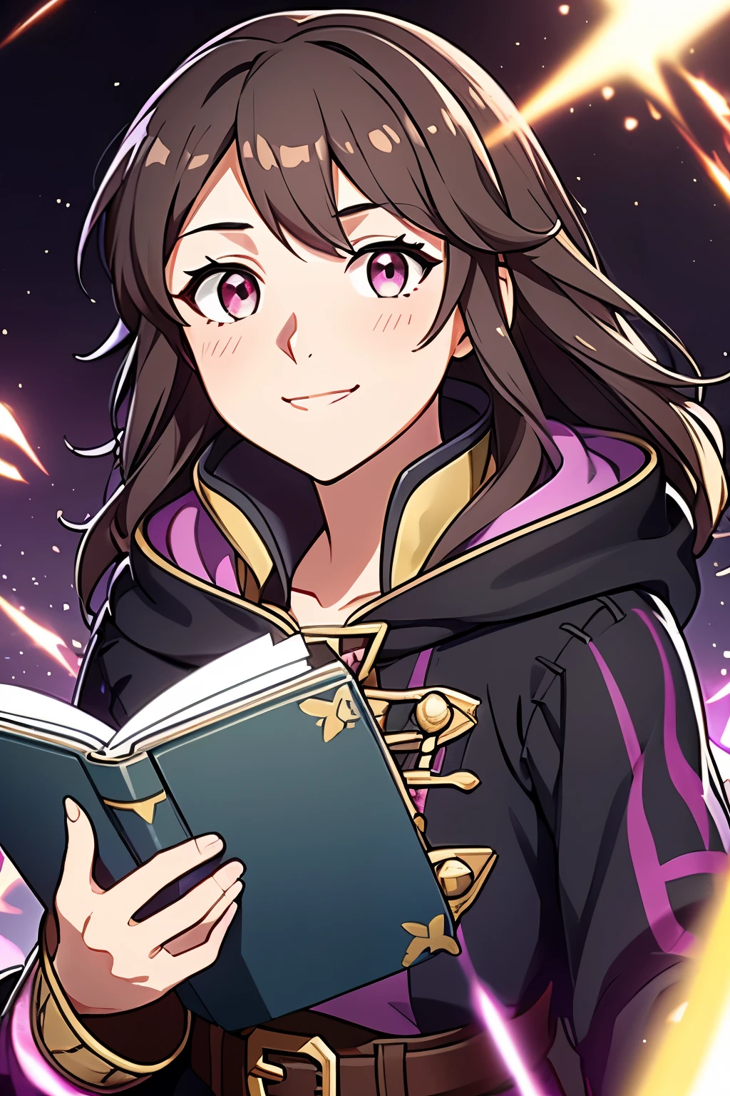 https://youtube.com/shorts/TpGPoPWFedM?si=rbDKwApG(high-quality, breathtaking),(expressive eyes, perfect face) 1girl, female, solo, portrait, Fire Emblem Awakening, Symmetrical Eyes, black background, Robin (Fire Emblem: Awakening), dark Brown hair color, short hair length, messy wavy hair, hair ornament, upper body, pink eyes, Black and purple robe, gold trim, hood, black shirt, brown belt, tomb, positive expression, cute smile, detailed eyes, adorable face, short height, Grima, holding book, female robin (fire emblem), dark brown hair, fireflies background, soft lights,