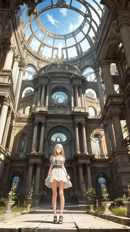 Giovanni Battista Piranesi full colours, Paul Delvaux, Kay Nielsen, Surrealism, Mysterious, Weird, Outlandish, Fantasy, Sci-fi, Japanese Animation, Piranesi-like eyes for ruins, and from that perspective, insight into living cities. Blueprints, cross-sections, and development drawings. Perspective and geometry. Miniskirt beautiful girl, solo girl, perfect voluminous body, detailed masterpiece hyper realistic sharp focus 