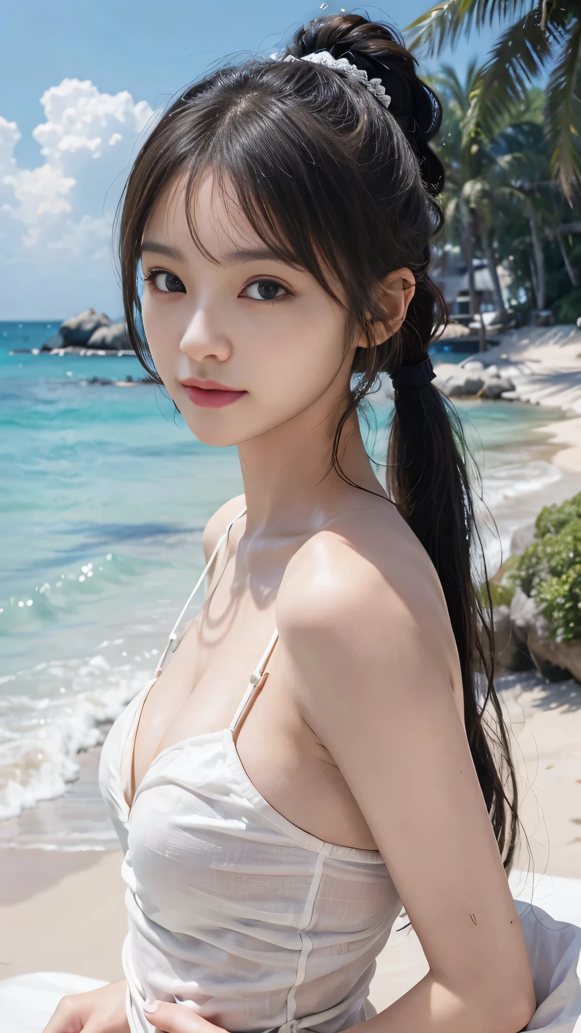 Beach,resort,white bikini,Close up face,One woman,masutepiece, The highest image quality, High quality, the background is clear,Beautiful woman, Japanese, Detailed, Detailed eyes, Detailed skin, Beautiful skin, 超hight resolution, (reality: 1.4),Very beautiful woman, Slightly younger face, Beautiful skin, slender, (Ultra photo realsisim), (hight resolution), (8K), (Very detailed) (beautifully detailed eyes), (super detailed), (Detailed face), view the viewer, Fine details, Detailed face, Staring straight ahead, Staring straight ahead, photos realistic, Bright lighting, Professional Lighting, Black hair,poneyTail,a baby face,fifteen years old,Hairstyle: ponytail,Long ponytail hairstyle,slight smile,neat and tidy clothing,Beautiful Japanese KPOP idol photo, hair style is ponytail, my eyes are double and wide, baby face, smile and look straight ahead, slender, small breasts,Close up face,
