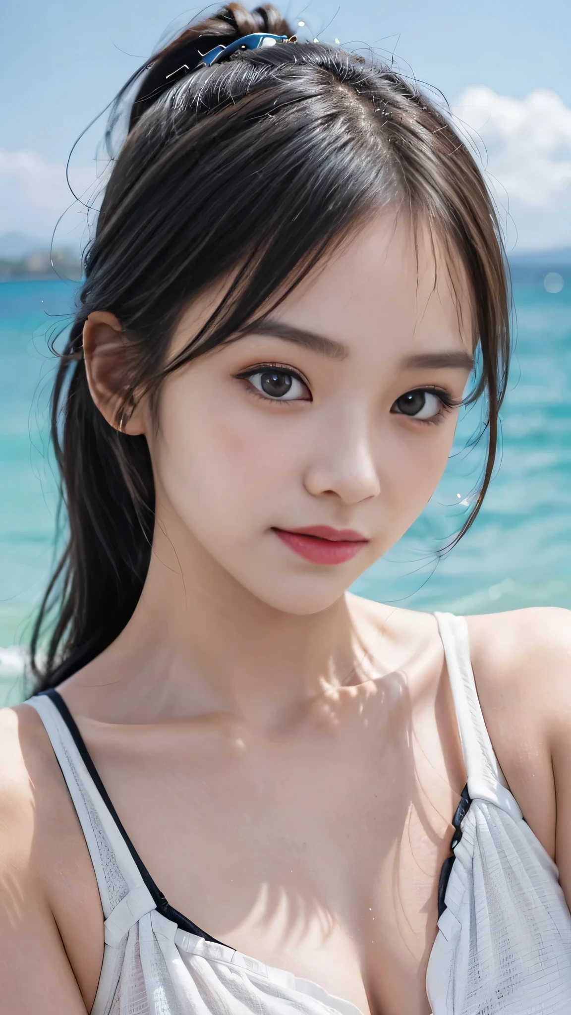 Beach,resort,white bikini,Close up face,One woman,masutepiece, The highest image quality, High quality, the background is clear,Beautiful woman, Japanese, Detailed, Detailed eyes, Detailed skin, Beautiful skin, 超hight resolution, (reality: 1.4),Very beautiful woman, Slightly younger face, Beautiful skin, slender, (Ultra photo realsisim), (hight resolution), (8K), (Very detailed) (beautifully detailed eyes), (super detailed), (Detailed face), view the viewer, Fine details, Detailed face, Staring straight ahead, Staring straight ahead, photos realistic, Bright lighting, Professional Lighting, Black hair,poneyTail,a baby face,fifteen years old,Hairstyle: ponytail,Long ponytail hairstyle,slight smile,neat and tidy clothing,Beautiful Japanese KPOP idol photo, hair style is ponytail, my eyes are double and wide, baby face, smile and look straight ahead, slender, small breasts,Close up face,