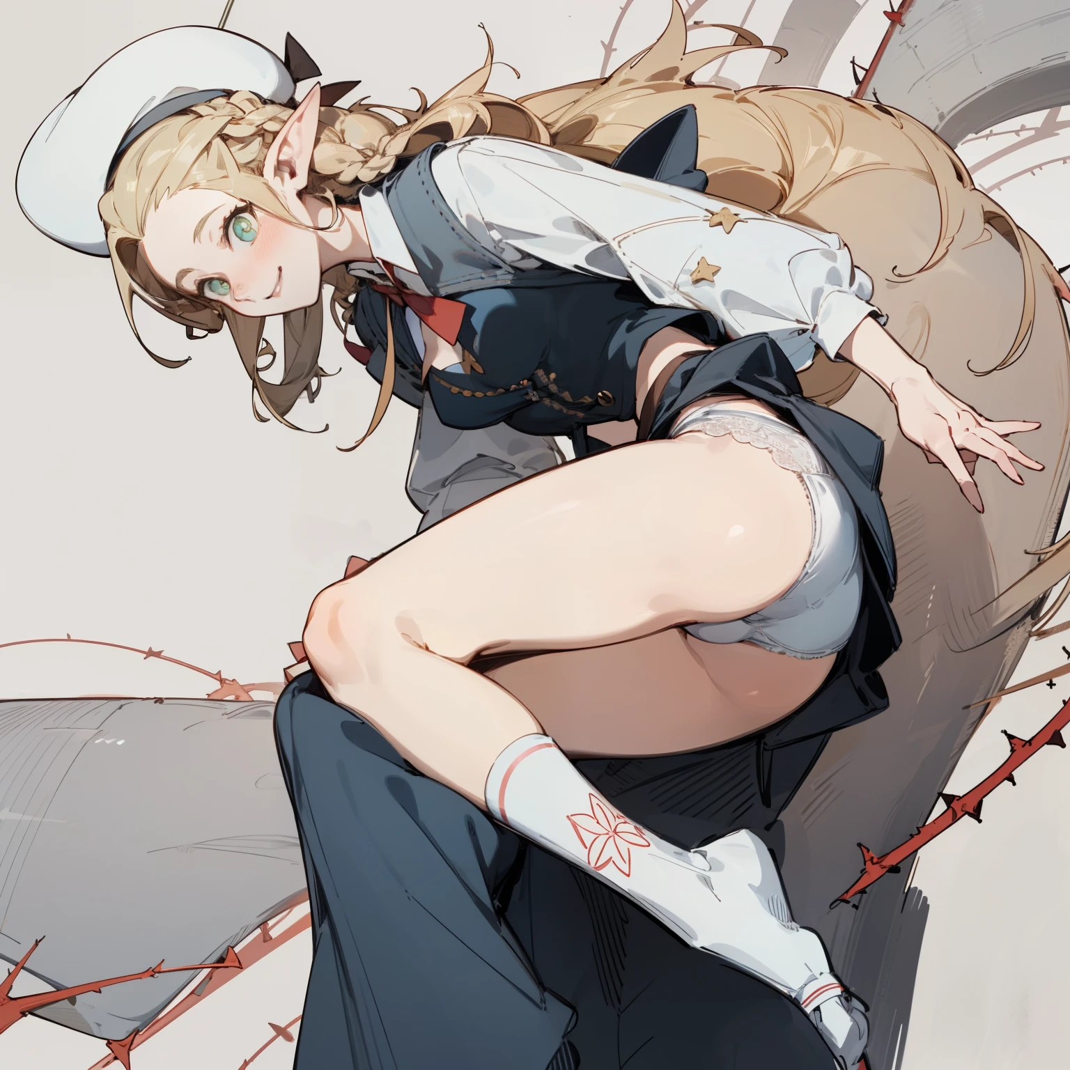A girl wearing a hat and wearing JK,Straight Killer,(masterpiece, best quality) detailed,silver accessories , Blonde ,elegant, Pointed ears ,Lace underwear,Double tail,Waist-length hair,Smile,Star decoration,White lace socks,thorns,Rose,Vest line