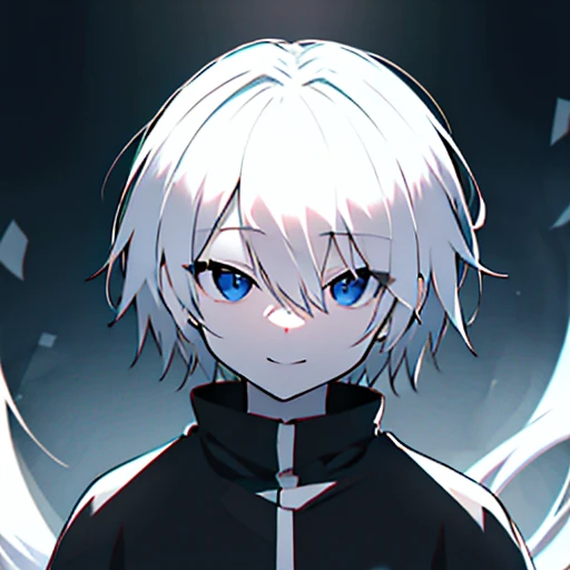 High resolution、close range、High Angle、A white-haired anime boy looks at the camera with a doomed smile、Monochrome、White skin、Black Blanket Shadow Body