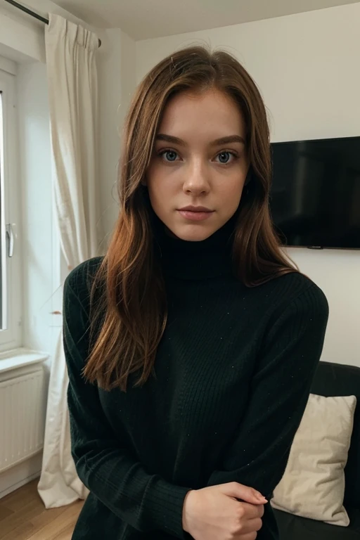 brunette woman with a beautiful winter outfit, sexy girl with green eyes, portrait sophie mudd, brown hair and large eyes,bedroom eyes, violet myers, without makeup, looking directly at the camera, face with artgram, selfie outside
