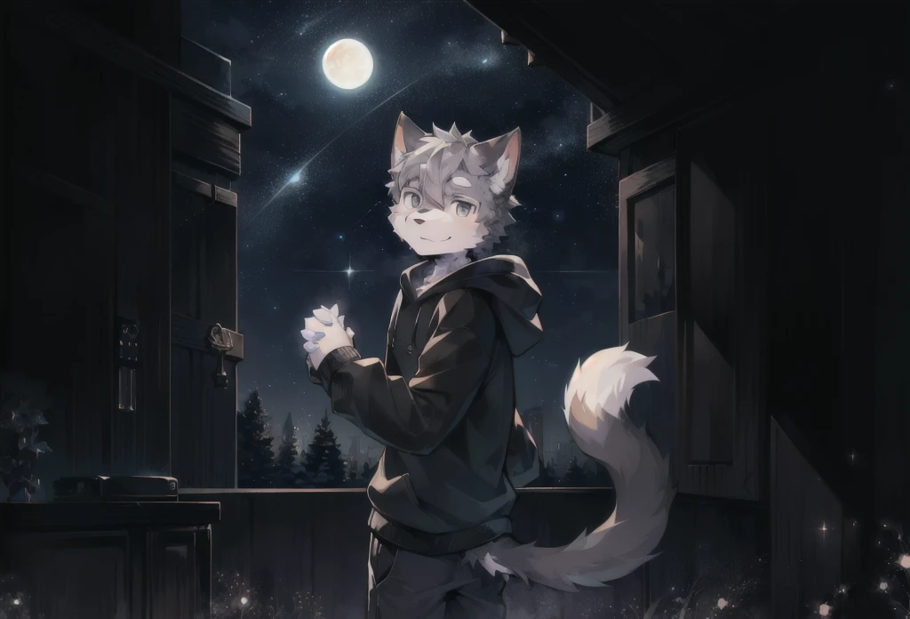 (Starry_Sky, moon, new moon_moon, night_Sky, night, shooting_Star, Sky, galaxy, Starry_Sky_Print), male_Key Points,Broken black cube,hairy, 1 boy,Solitary, (detailed_background,Astonishing_background),Gray fur, Cat boy, Black Hoodie, Cat tail,(Many tails), Gray eyes, Gray hair,detailed face,detailed eyes,Head tilt, from the side, SFW,Holding hands,