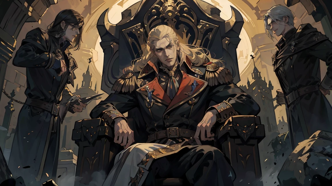 Castlevania Shadow Lord Handsome Lord Muscular Dracula Talking in the throne room with male advisors around him Surreal Ultra Detailed Dynamic Poses Ultra Detailed Faces Surreal Ultra Detailed Scenes Epic Legend Perspective Environment