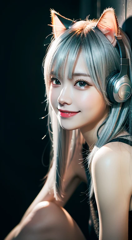 Silver Hair, Variegated eyes, Cat ear headphones, Captivating smile, Modern, op art, Vignetting, Red fluorescent side light details，Ray Tracing, Shining Light, Eye-level shot, From the outside, The legs are off the frame, Hyper HD, Textured skin, Attention to detail, 1080p, highest quality