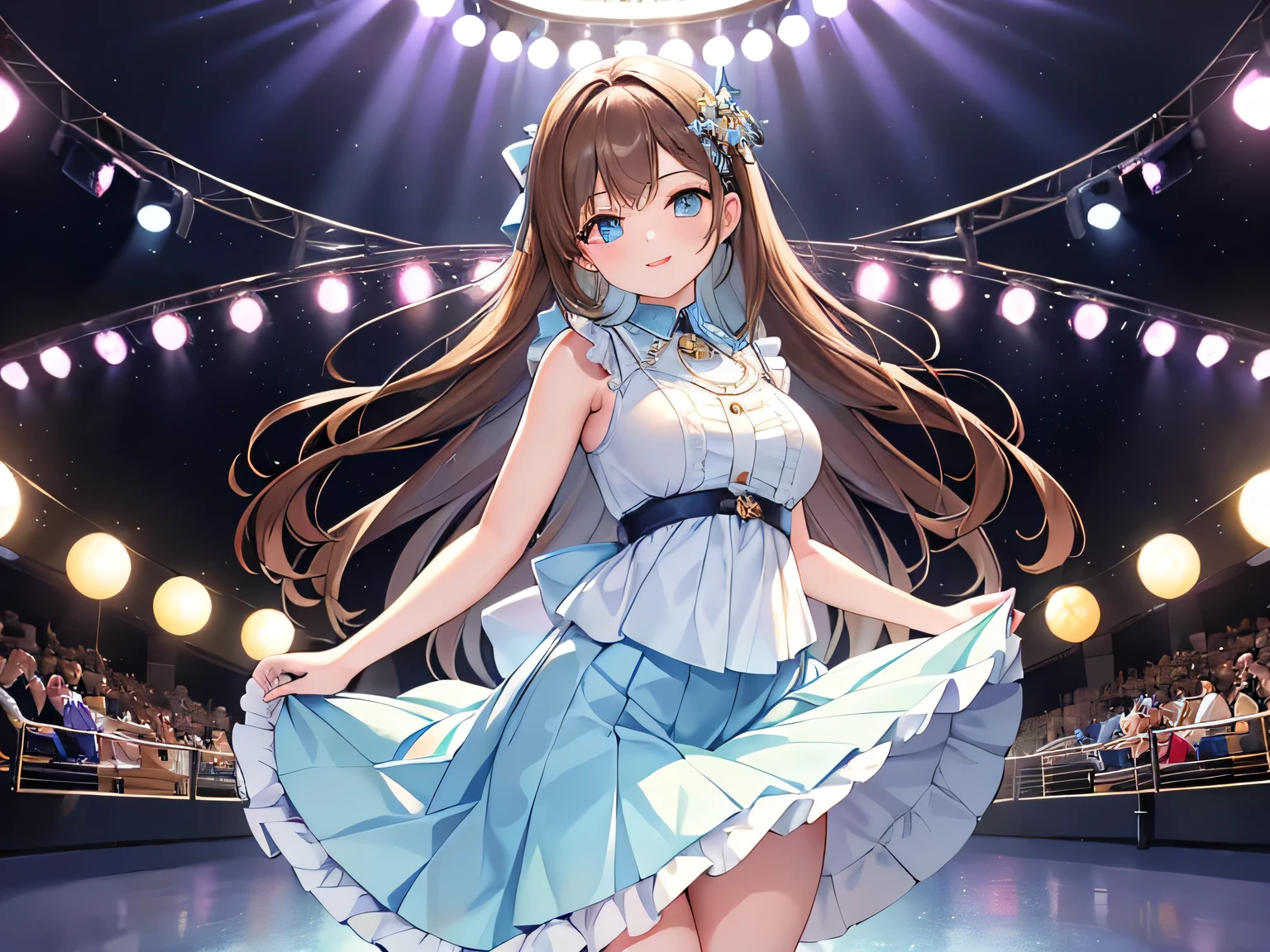 (Masterpiece, highest quality, high resolution, realistic photos, realistic looking skin:1.1),
(The woman is an idol and is performing for us: 1.8),
(standing up: 1.5),
(fresh smiling face:1.5),
(She is wearing a gorgeous and pretty long skirt based on light blue color:1.8),
(She has long brown hair:1.5),
(Location is backstage before competing in a live show:1.5),
1 Japanese girl, solo, full bodied esbian, beautiful eyes, glowing eyes, glowing thighs, NSFW