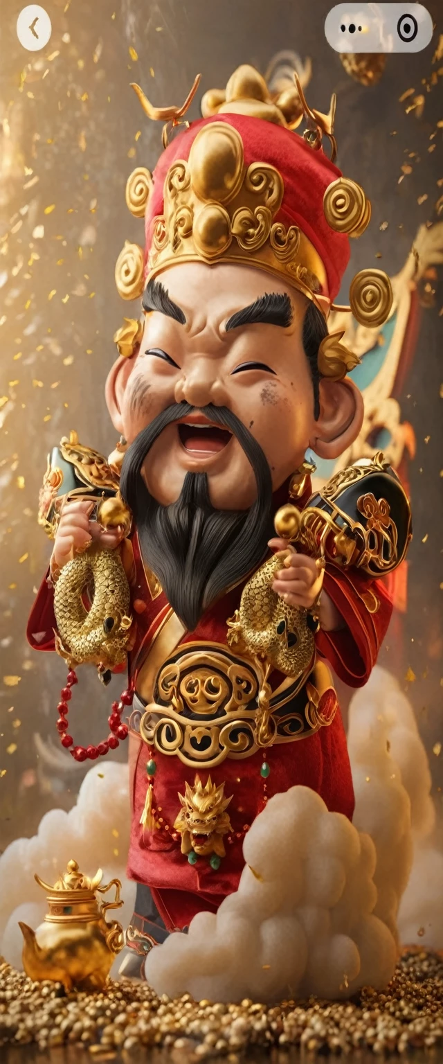 A God of Wealth,(High popularity),(Best picture quality),Higher quality,Ultra-high resolution,(8K resolution),High Detail,Pay attention for a moment,Perfect facial features,Elegant face,Bright eyes,(Red robe),Golden Dragon Crown,Hand holding dragon ball,(Red Jade Belt),Hand-held treasure bag,(Fortuna bag),Sideways angle,Abundance and Joy,(Golden Light),Oriental charm,Traditional ink style,(Cloud background),The throne of the god of wealth。