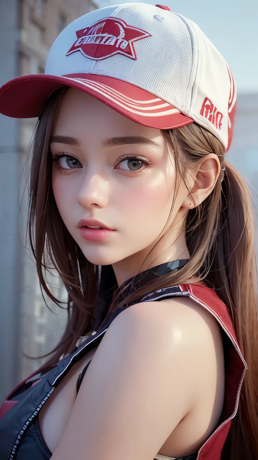 One girl, Terry Bogard Girl, Blonde, ponytail, blue eyes, Baseball cap, Eyes focus, Beautiful park background (8k), (highest quality), (masterpiece:1.2), (Realistic), (Very detailed), (Fine grain:1.2), (Detailed face:1.2), (realism:1.2), (super high quality), (Complex), (85mm), Particles of light, Lighting, (Very detailed:1.2), (Gradation), Colorful, SFW, Dawn, alone