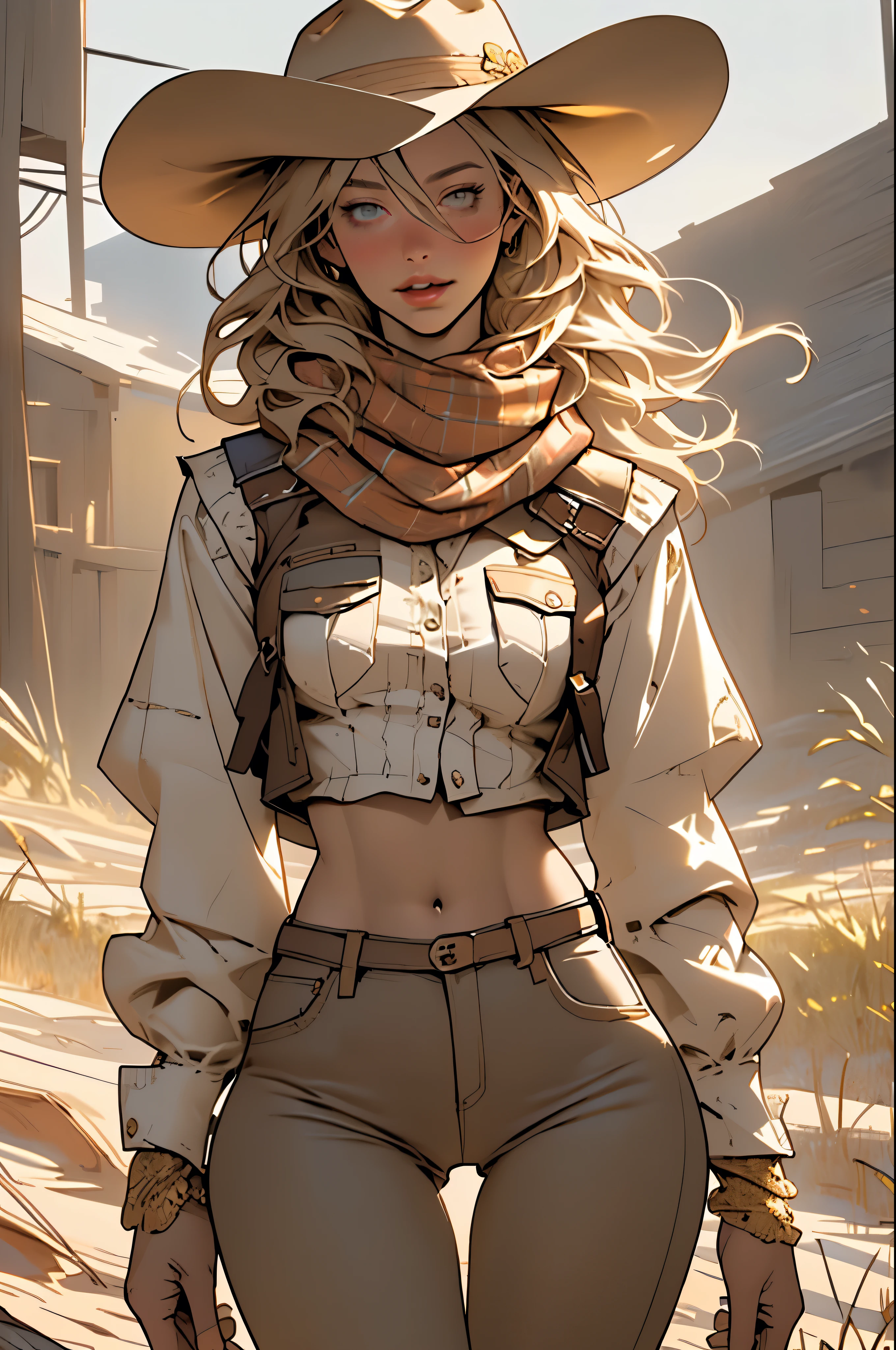 (highest quality, Super detailed, realistic:1.37), outdoor, girl, beautiful face, detailed and beautiful eyes, beautiful detailed lips, cowboy hat, vest with fringes, slim waist, slender thighs, thigh gap, slim thighs, show belly, pants, scarf, With confidence, medium chest, dusty farm landscape, golden hour lighting