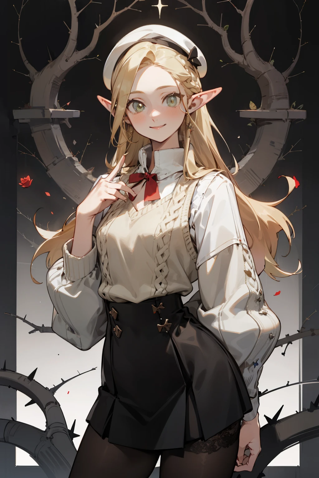 One was wearing a black tights，Sweater with hole at chest、Blonde girl wearing hat and silver accessories ,Straight Killer Sweater，elegant, Pointed ears ，Waist-length hair，Smile，Star decoration，Lace，thorns，Rose，Vest line