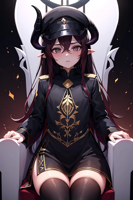 Feminine boy, black peaked cap, hornes, glowing horns, throne, thighs, black attire