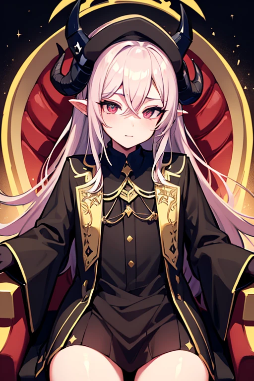 Feminine boy, black peaked cap, hornes, glowing horns, throne, thighs, black attire