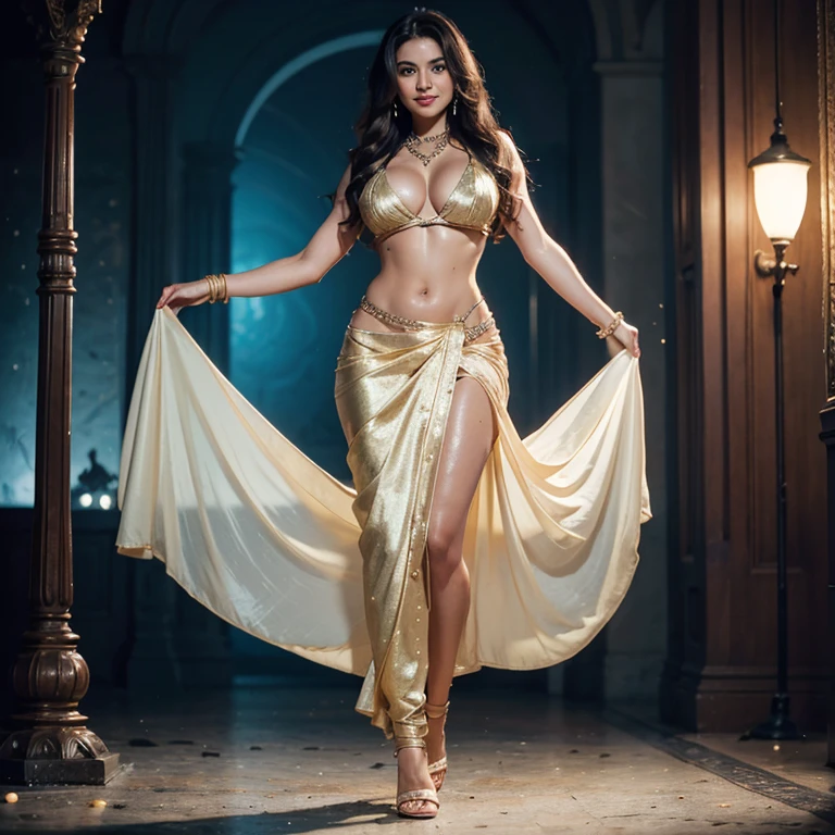 Full body view, fit milf 30 year old, rounded breast, thick ass, six abs, long legs, ethnicity white, skin color light brown, dark hair, long Blonde Mess hair , face smiling, eyes big open, wet, dynamic saree, sandals, decent dress, gold & pearl Jewellery ,Waist Chain , realism, masterpiece, fantasy setting, sexy Dynamic poses, Character concept, character art, Character portrait, masterpiece, beste-Qualit, best resolution, 8K, Dynamic background, ultra realistic photo,