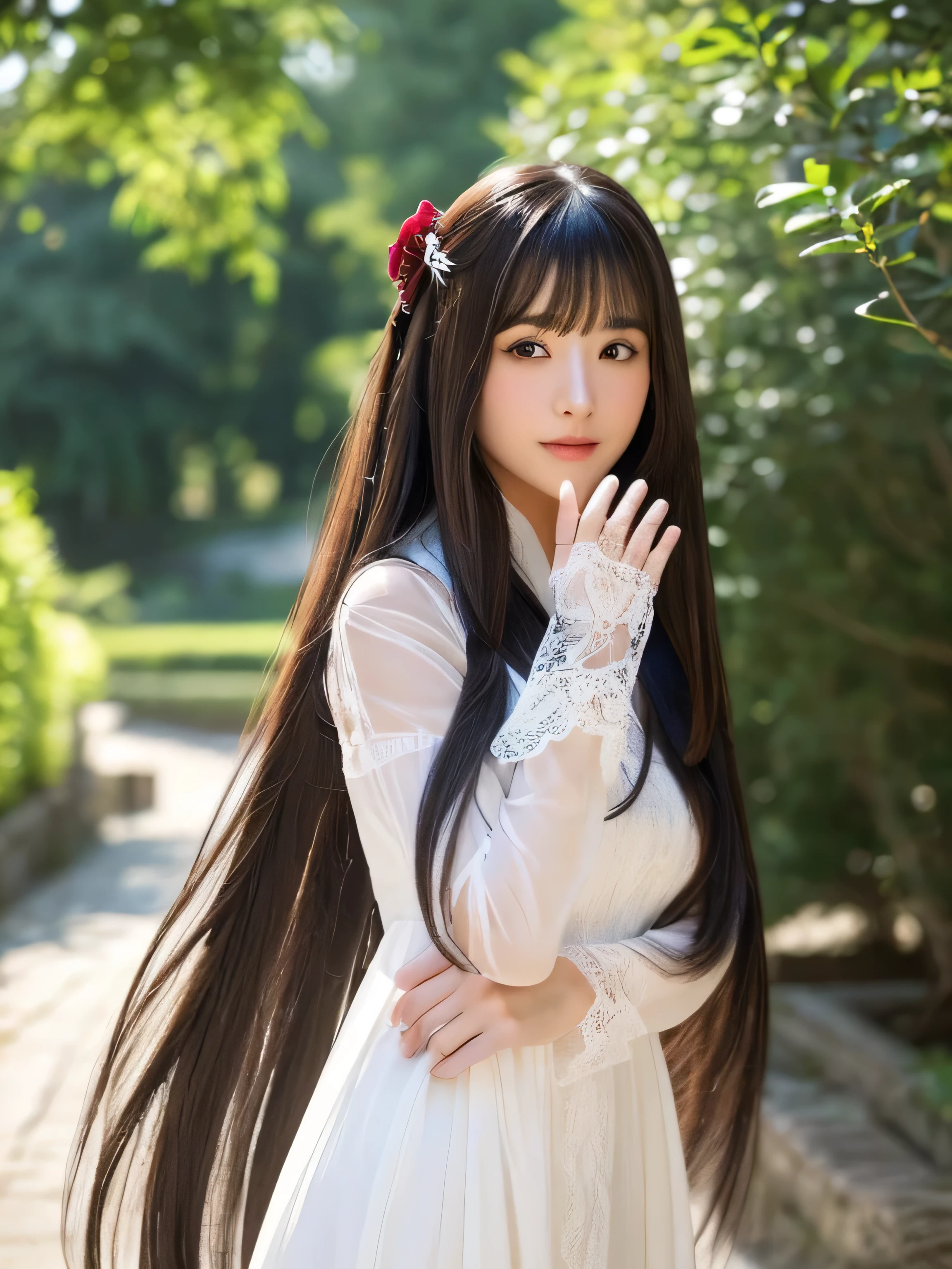 ((Full Body Shot:1.5)) (big 1.4) ((highest quality)), ((masterpiece)), (Get used to it), Perfect Face (1 girl) (Japanese) (She is 24 years old、The most beautiful fantasy girls in Japan) ((highest quality)), ((masterpiece)) ((Her hair is incredibly straight, reaches down to her waist, is very shiny and glossy, and has a lot of volume and shine. Her hair is a deep black.)) (Her bangs are beautiful and lush:1.3) (She has perfect beautiful makeup Lipstick is light red Ilaner is a beautiful black) Anatomically correct hand Thin fingers Anatomically correct five fingers Beautiful Japanese girl face, (Long Hair shiny Long Hair, length, Shiny Thick black hair, length, Her hair is long and straight, Super Long Hair girl, Silky Hair, Silky Hair, length, Flat Hair, Silky texture, Long Hair, length, Flowing, Thick black hair, thin and shiny hair) Anatomically correct、White beautiful human skin and detail of hands and fingers Beautiful Eyes Mouth Details the corners of the mouth rise slightly Cool look (The eyebrows are dark brown in color) (She is wearing a fantasy pure white lace gown dress and healing spellcaster gear...:1.5 She is wearing a gorgeous white Victorian dress:1.I'wear 5..) (This is a forest in a fantasy world.:1.5) (She has a magic wand、Ice magic pose:2.2) (Open your mouth:1.3) (She turns to the viewer and smiles sweetly..)