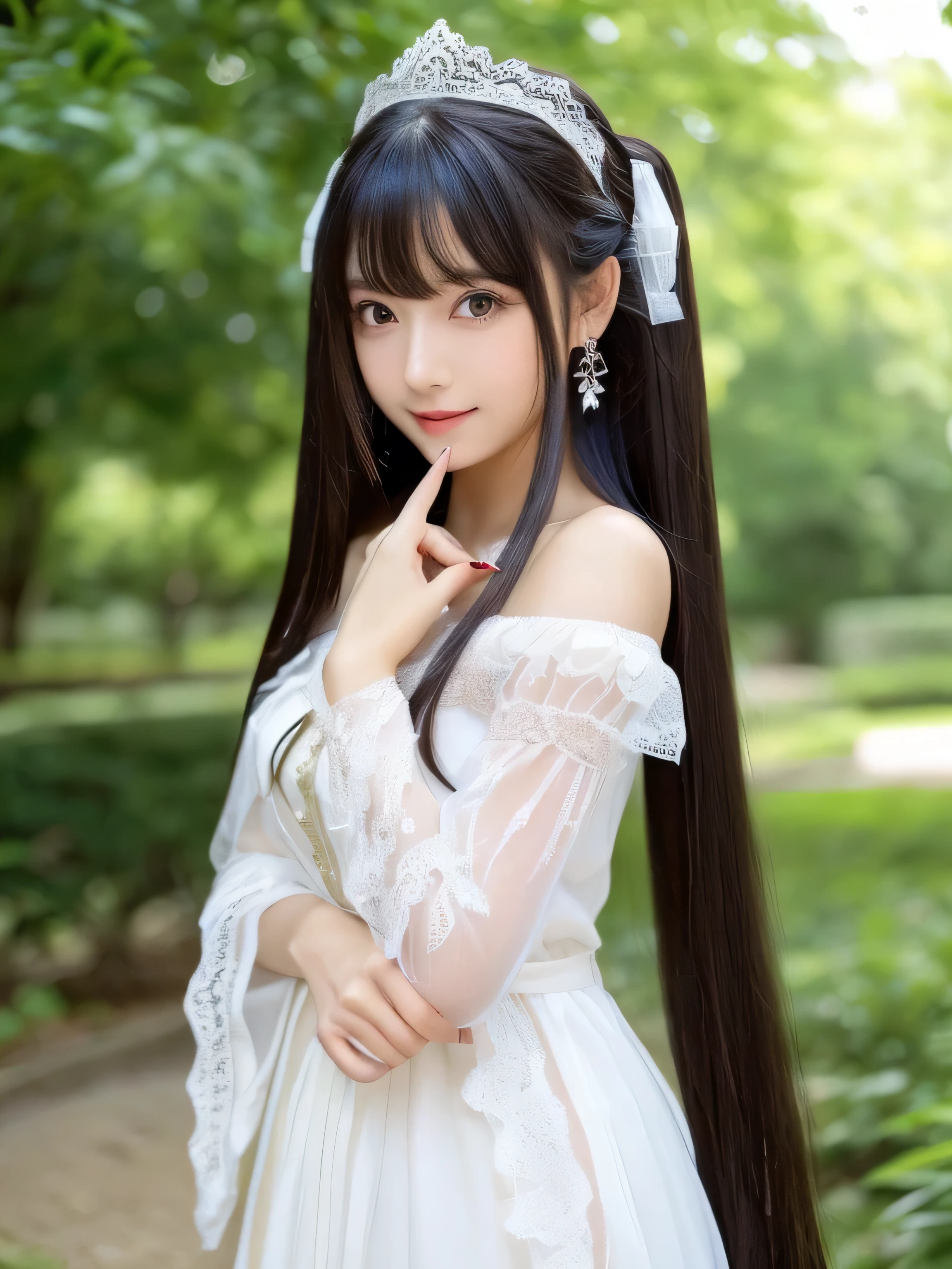 ((Full Body Shot:1.5)) (big 1.4) ((highest quality)), ((masterpiece)), (Get used to it), Perfect Face (1 girl) (Japanese) (She is 24 years old、The most beautiful fantasy girls in Japan) ((highest quality)), ((masterpiece)) ((Her hair is incredibly straight, reaches down to her waist, is very shiny and glossy, and has a lot of volume and shine. Her hair is a deep black.)) (Her bangs are beautiful and lush:1.3) (She has perfect beautiful makeup Lipstick is light red Ilaner is a beautiful black) Anatomically correct hand Thin fingers Anatomically correct five fingers Beautiful Japanese girl face, (Long Hair shiny Long Hair, length, Shiny Thick black hair, length, Her hair is long and straight, Super Long Hair girl, Silky Hair, Silky Hair, length, Flat Hair, Silky texture, Long Hair, length, Flowing, Thick black hair, thin and shiny hair) Anatomically correct、White beautiful human skin and detail of hands and fingers Beautiful Eyes Mouth Details the corners of the mouth rise slightly Cool look (The eyebrows are dark brown in color) (She is wearing a fantasy pure white lace gown dress and healing spellcaster gear...:1.5 She is wearing a gorgeous white Victorian dress:1.I'wear 5..) (This is a forest in a fantasy world.:1.5) (She has a magic wand、Ice magic pose:2.2) (Open your mouth:1.3) (She turns to the viewer and smiles sweetly..)