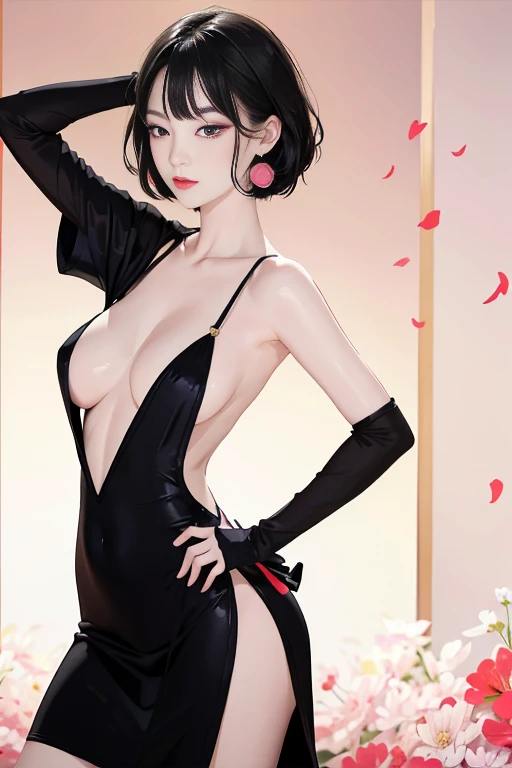 tsuruta ichiro, Narrow-eyed, 1girl in, Allback、deadpan、short-hair、shorth hair、brow、Reluctance、A dark-haired、Tucked Hair Solo, Cowgirl, Onepiece, ((mideum breasts)), Thin slit eyes、Black eyes, Light shines on the eyes、Black hair, gloves, Dress, Luxurious Jewelry, earrings, sharp eye、 elbow groves,Raise your hands and tie your hair back, random color, random color dress, Makeup for long eyes, Slender eyes、lip stick, Complex petal pattern, Rim Light, Back Light, pastel color,Studio Lighting