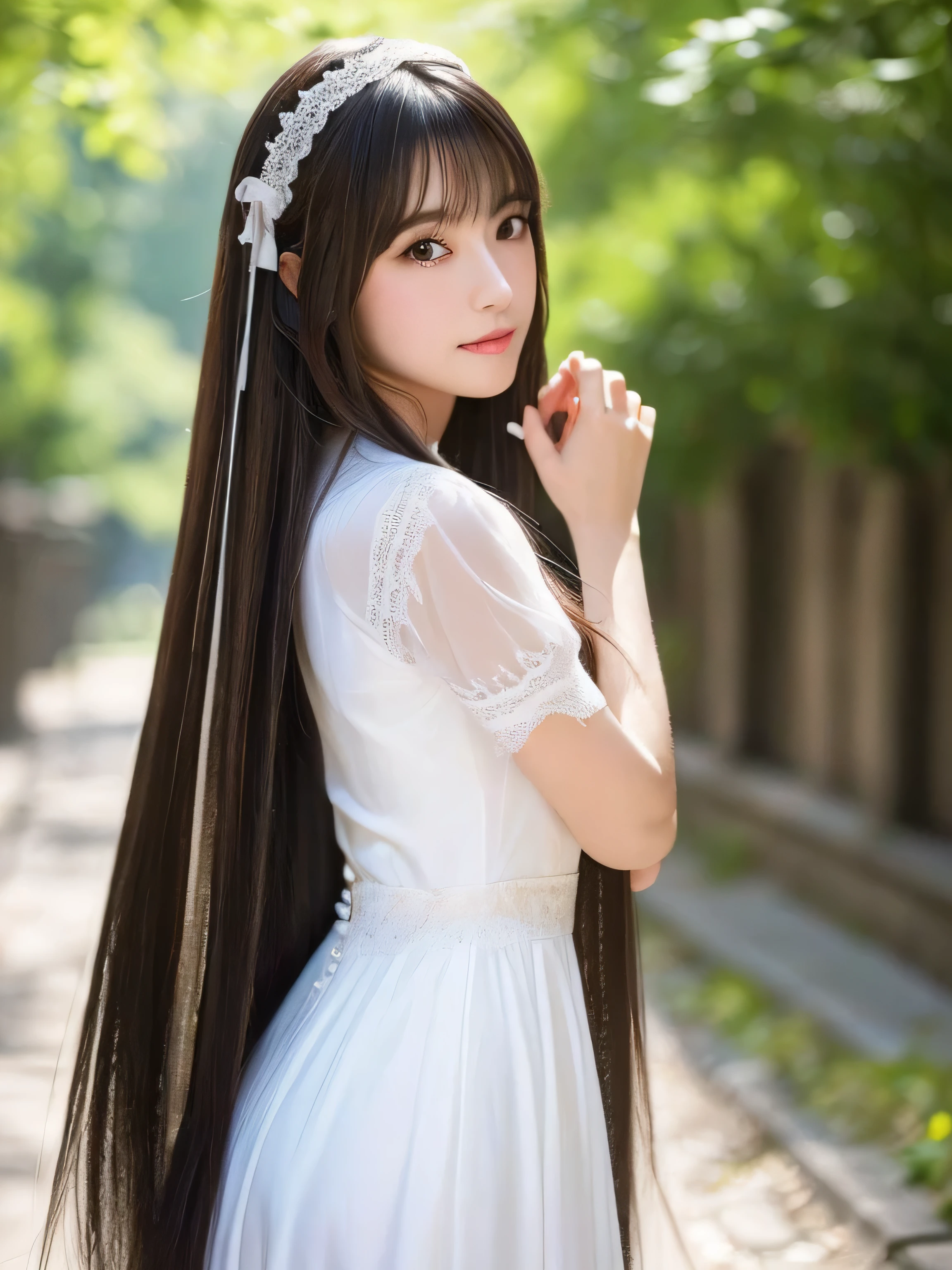((Full Body Shot:1.5))　(big 1.4)　((highest quality)), ((masterpiece)), (Get used to it), Perfect Face　(1 girl)　(Japanese)　(She is 24 years old、The most beautiful fantasy girls in Japan)　((highest quality)), ((masterpiece))　((Her hair is incredibly straight, reaches down to her waist, is very shiny and glossy, and has a lot of volume and shine. Her hair is a deep black.))　(Her bangs are beautiful and lush:1.3)　(She has perfect beautiful makeup　Lipstick is light red　Ilaner is a beautiful black)　Anatomically correct hand　Thin fingers　Anatomically correct five fingers　Beautiful Japanese girl face, (Long Hair shiny Long Hair, length, Shiny Thick black hair, length, Her hair is long and straight, Super Long Hair girl, Silky Hair, Silky Hair, length, Flat Hair, Silky texture, Long Hair, length, Flowing, Thick black hair, thin and shiny hair)　Anatomically correct、White beautiful human skin and detail of hands and fingers　Beautiful Eyes　Mouth Details　the corners of the mouth rise slightly　Cool look　　(The eyebrows are dark brown in color)　　(She is wearing a fantasy pure white lace gown dress and healing spellcaster gear...:1.5　She is wearing a gorgeous white Victorian dress:1.I&#39;wear 5..)　(This is a forest in a fantasy world.:1.5)　(She has a magic wand、Ice magic pose:2.2)　(Open your mouth:1.3)　(She turns to the viewer and smiles sweetly..)