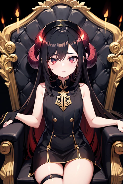 Feminine boy, black peaked cap, hornes, glowing horns, throne, thighs, black attire, short black hair