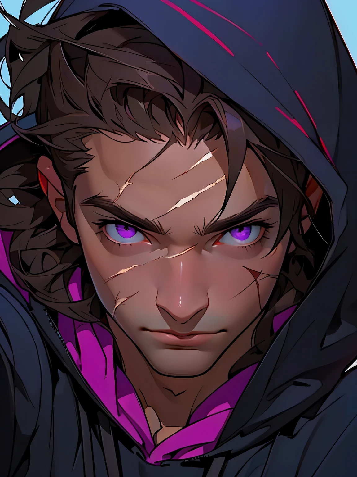 Natural eyes, clear details, excellent quality, UHD resolution, Top quality, masterpiece, Best quality, 8k, UHD, retina, masterpiece, anatomically correct, textured skin, super detail, high details, high quality, best quality, highres, 1080P, HD, 4K, 8k, young guy, dark hair, purple eyes, purple hoodie, hood, scar on his right eye