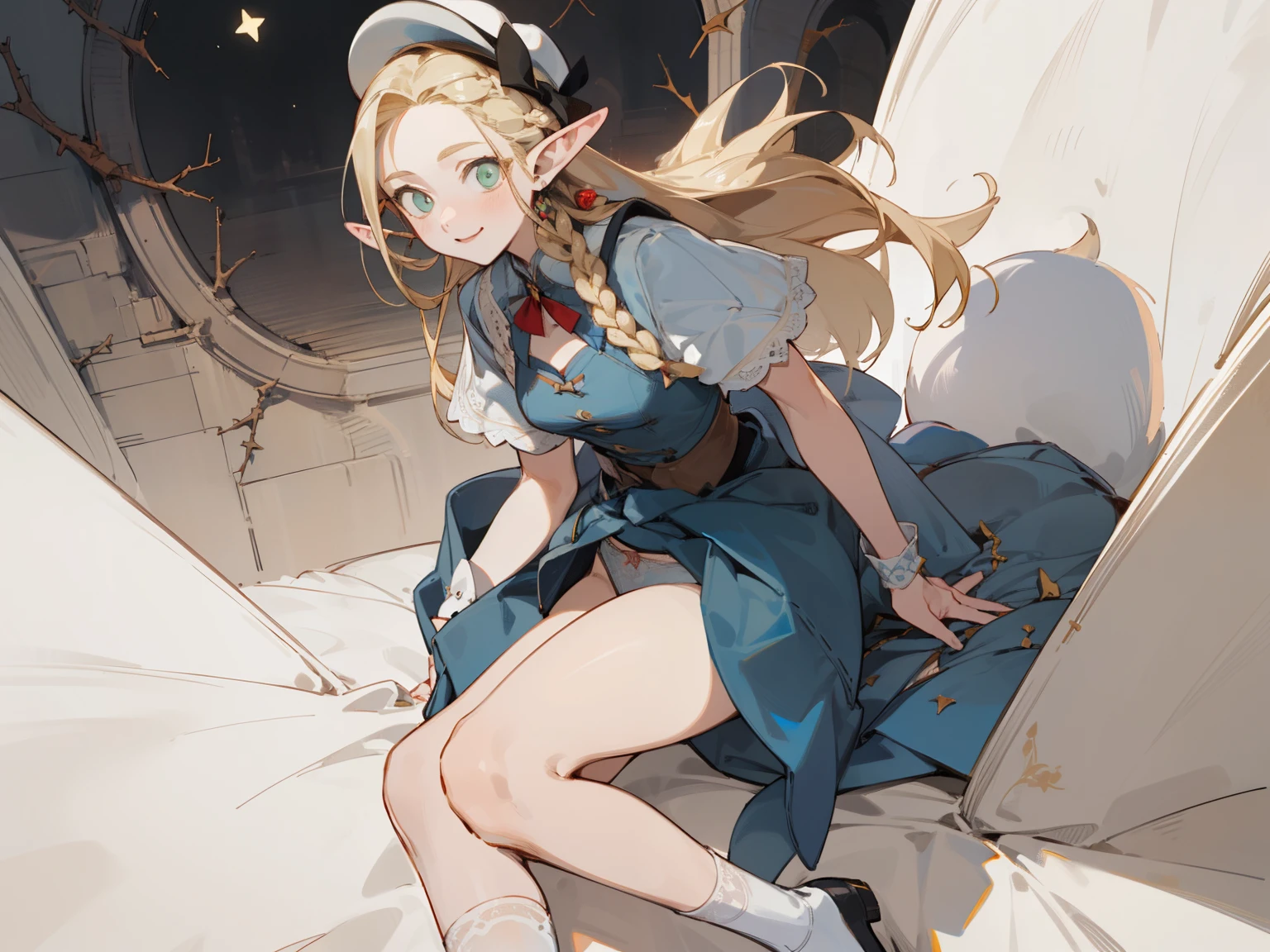 A girl wearing a hat and wearing JK,Straight Killer,(masterpiece, best quality) detailed,silver accessories , Blonde ,elegant, Pointed ears ,Lace underwear,Double tail,Waist-length hair,Smile,Star decoration,White lace socks,thorns,Rose,Vest line