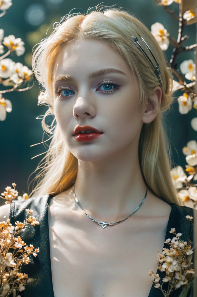 ( masterpiece, top quality, best quality,8k, girl,ultra detailed,raw photo:1.5),(photorealistic:1.4), (cinematic lighting), PerfectNwsjMajic, , Surrealism, UHD, ccurate, Super detail, textured skin, High detail, Best quality, dynamic angle, White skin,[Beautiful blue eyes], high nose,[flat chest:large breasts:0.5],(1girl),((good anatomy:0.5)),(covered in flowers:1.4), night sky, joint, (Blonde hair:1.3), interested in, fire and ice, (The image is divided into two，Available in a variety of colors:2), eyes blues, sapphire, liquid metal, night sky, (Look at an angle:1.3), (fire and ice), ((Lower chrome)), (hairpin:1.4), (forest:1.3), (fog: 1.3)