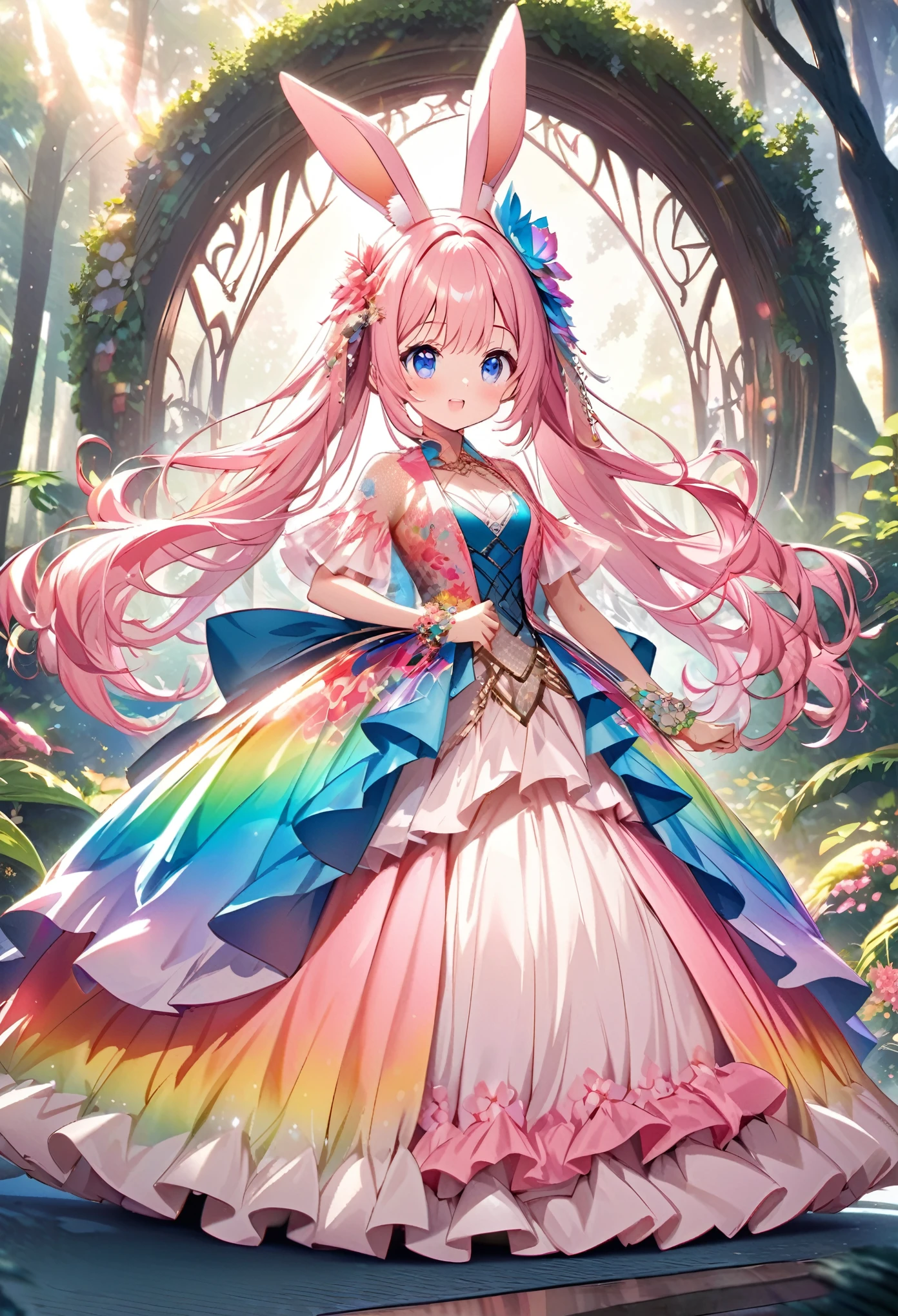 ``Japanese anime character, cute rabbit in pink color, beautiful adorable rabbit wearing an elegant and elaborate Hawaiian dress, the dress must have intricate designs and patterns to give it a luxurious and exclusive look. In the background, the image should depict the richness of the forest, with sunlight reflecting off the trees and illuminated mountains beyond. , emphasize the shimmering effect and rainbow throughout the image. Enhance your look and add special ruffles to your dress to stand out.”