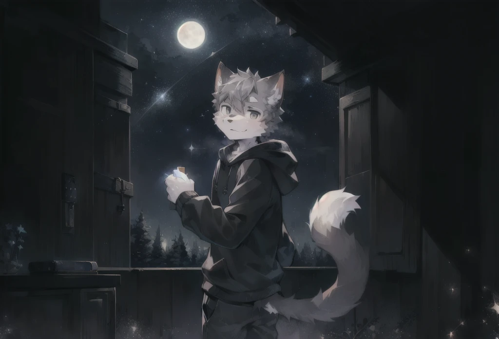 (Starry_Sky, moon, new moon_moon, night_Sky, night, shooting_Star, Sky, galaxy, Starry_Sky_Print), male_Key Points,Broken black cube,hairy, 1 boy,Solitary, (detailed_background,Astonishing_background),Gray fur, Cat boy, Black Hoodie, Cat tail,(Many tails), Gray eyes, Gray hair,detailed face,detailed eyes,Head tilt, from the side, SFW,
