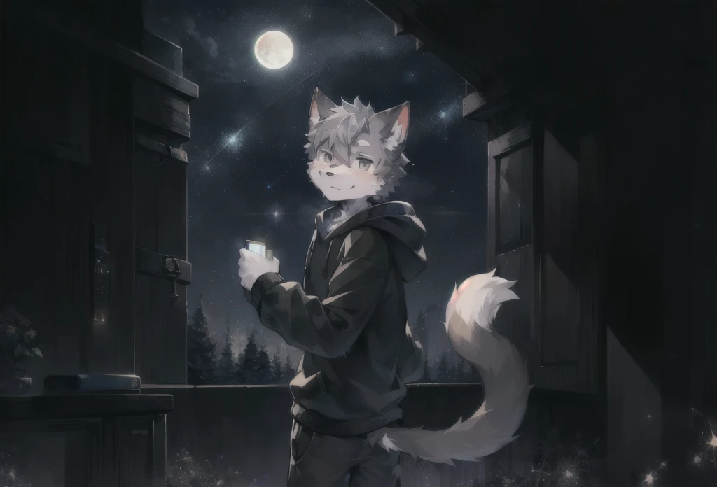 (Starry_Sky, moon, new moon_moon, night_Sky, night, shooting_Star, Sky, galaxy, Starry_Sky_Print), male_Key Points,Broken black cube,hairy, 1 boy,Solitary, (detailed_background,Astonishing_background),Gray fur, Cat boy, Black Hoodie, Cat tail,(Many tails), Gray eyes, Gray hair,detailed face,detailed eyes,Head tilt, from the side, SFW,