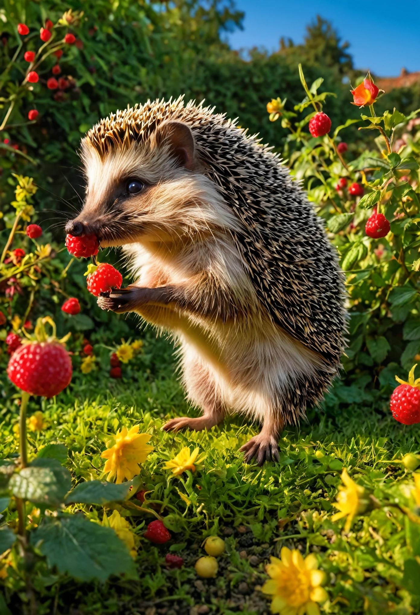 ((Anthropomorphic hedgehog plucking flowers and berries in the garden)), There are many flowers in the garden., sala de luz, cinematographic, hdr, Empapado, un intrincado, alta calidad, Calm tones, Detalles complicados, Bajo contraste