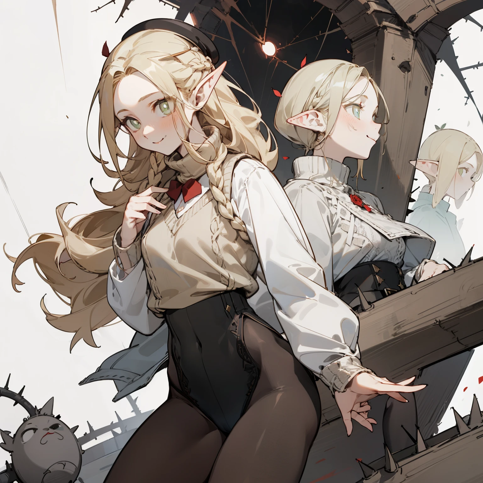 One was wearing a black tights,Sweater with hole at chest、Blonde girl wearing hat and silver accessories ,Straight Killer Sweater,elegant, Pointed ears ,Waist-length hair,Smile,Star decoration,Lace,thorns,Rose,Vest line,Leakage of underwear,Lace underwear