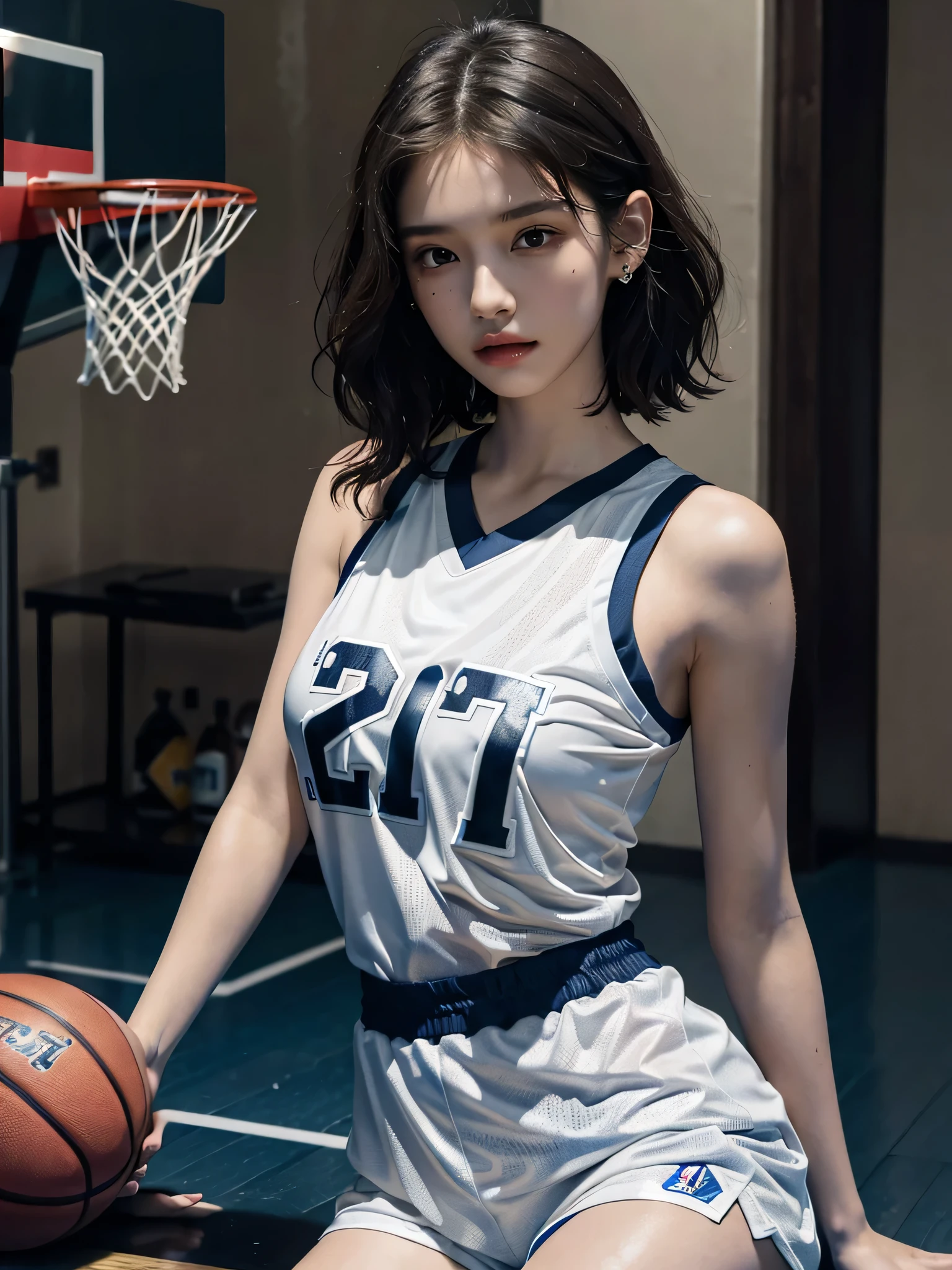 absurdres, RAW photo, extremely delicate and beautiful, masterpiece, Best Quality, ultra high resolution, 32k, hyperrealistic, ultra-detailed, perfect anatomy, perfect figure, super Detailed skin, 20 years old, very Slim body, narrow waist, very small head, very small face, delicate facial features, tearful mole, earring, thin legs, bare legs, ((very huge round breasts)), short medium hair, ((wavy hair)), wet clothes, (((basketball Jersey))), shorts,